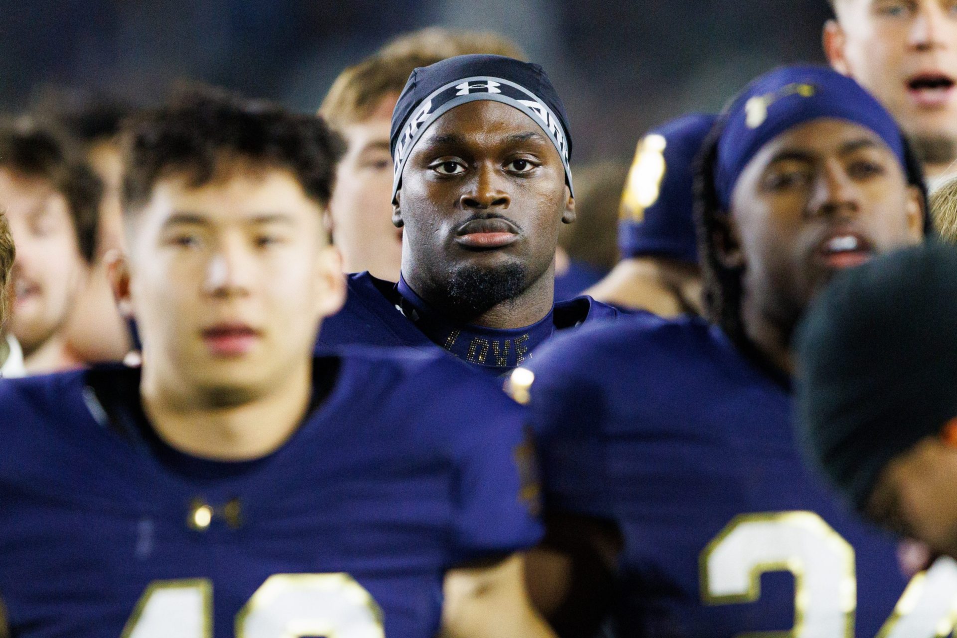 Jeremiyah Love looks on after winning a NCAA football game - Notre Dame vs Syracuse - Source: Imagn