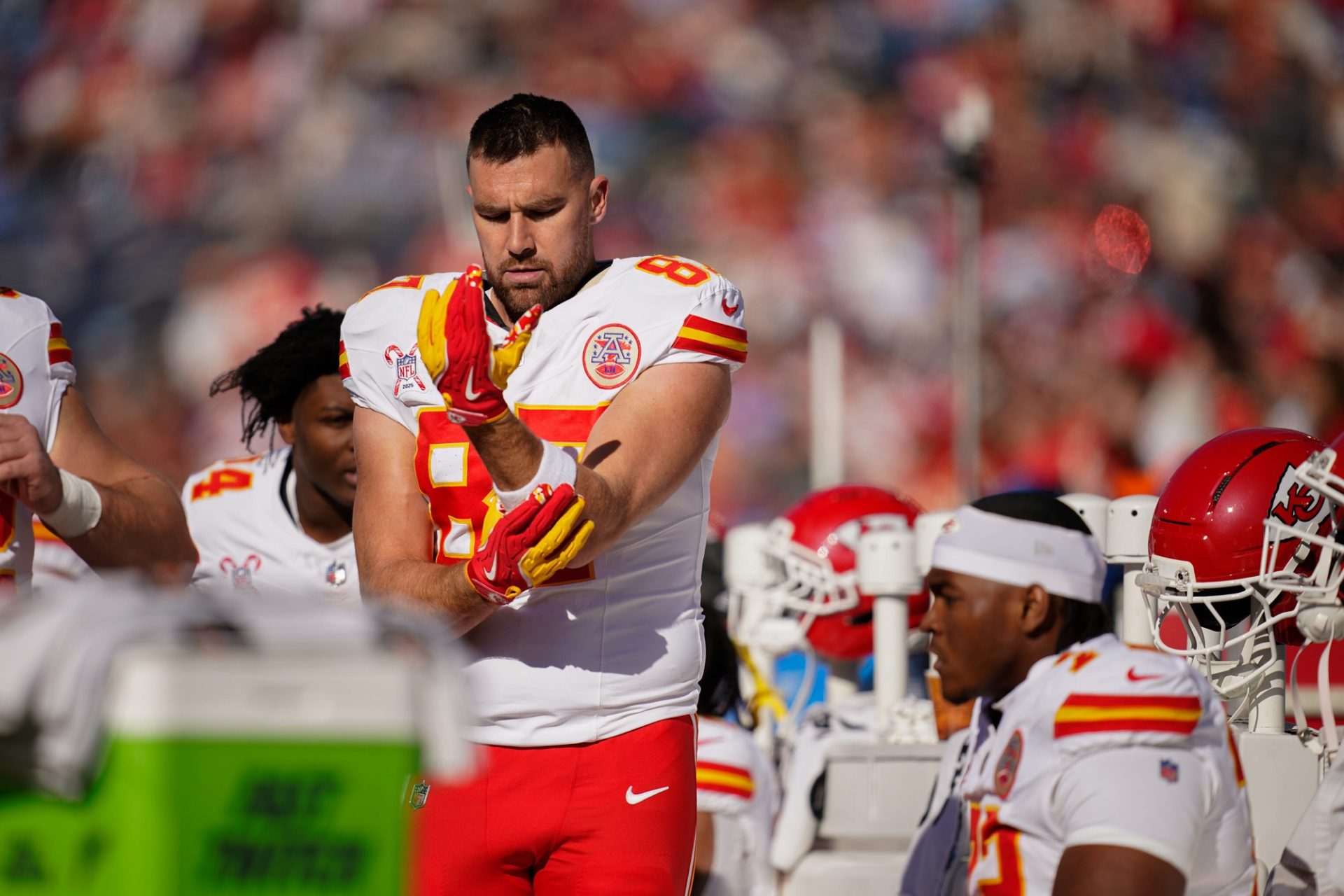 Kansas City Chiefs tight end Travis Kelce (87) prepares to hit the field during the first quarter against the Tennessee Titans at Nissan Stadium in Nashville, Tenn., Sunday, Dec. 21, 2025.