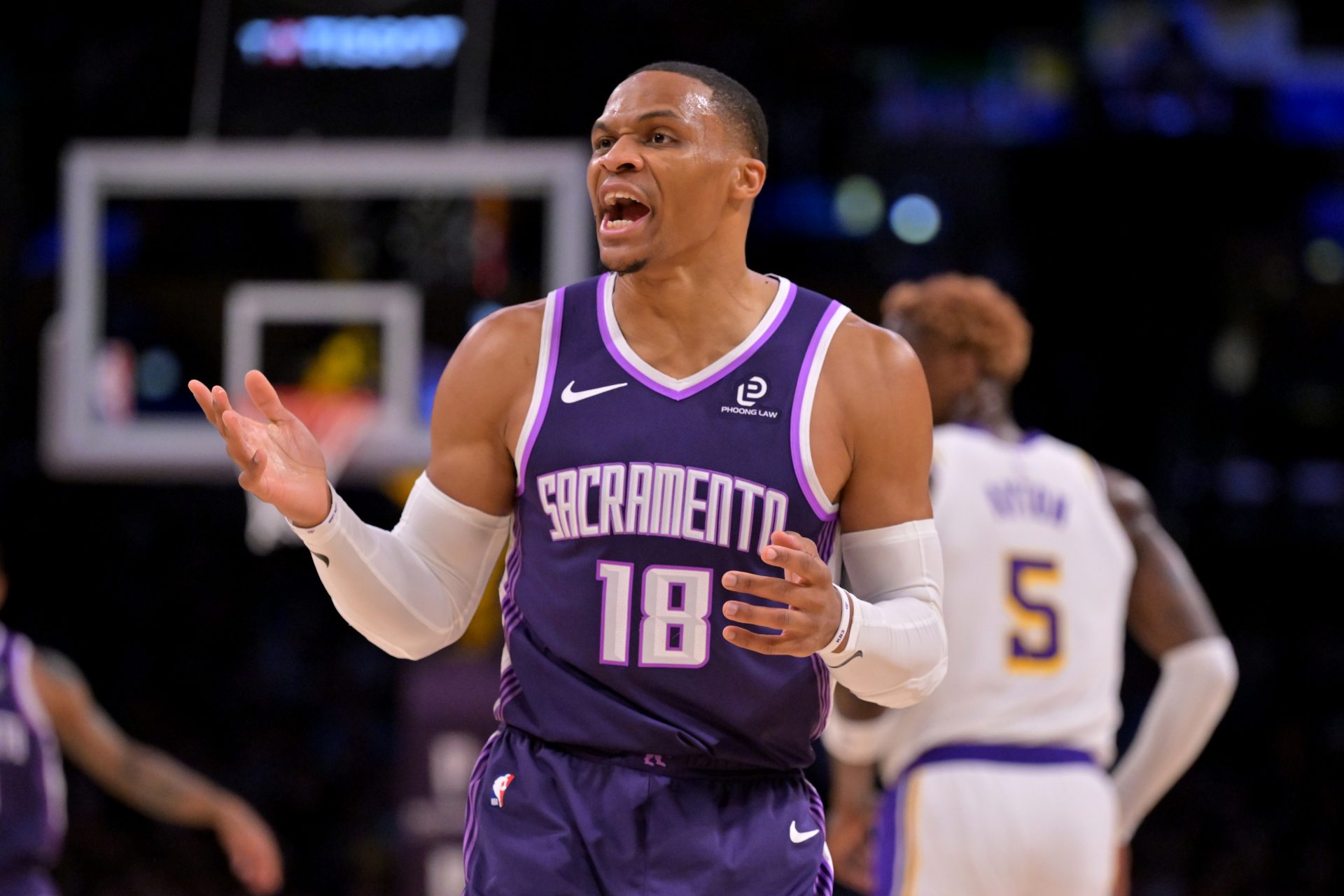 Sacramento Kings guard Russell Westbrook (18) reacts after a basket in the first half against the Los Angeles Lakers at Crypto.com Arena.