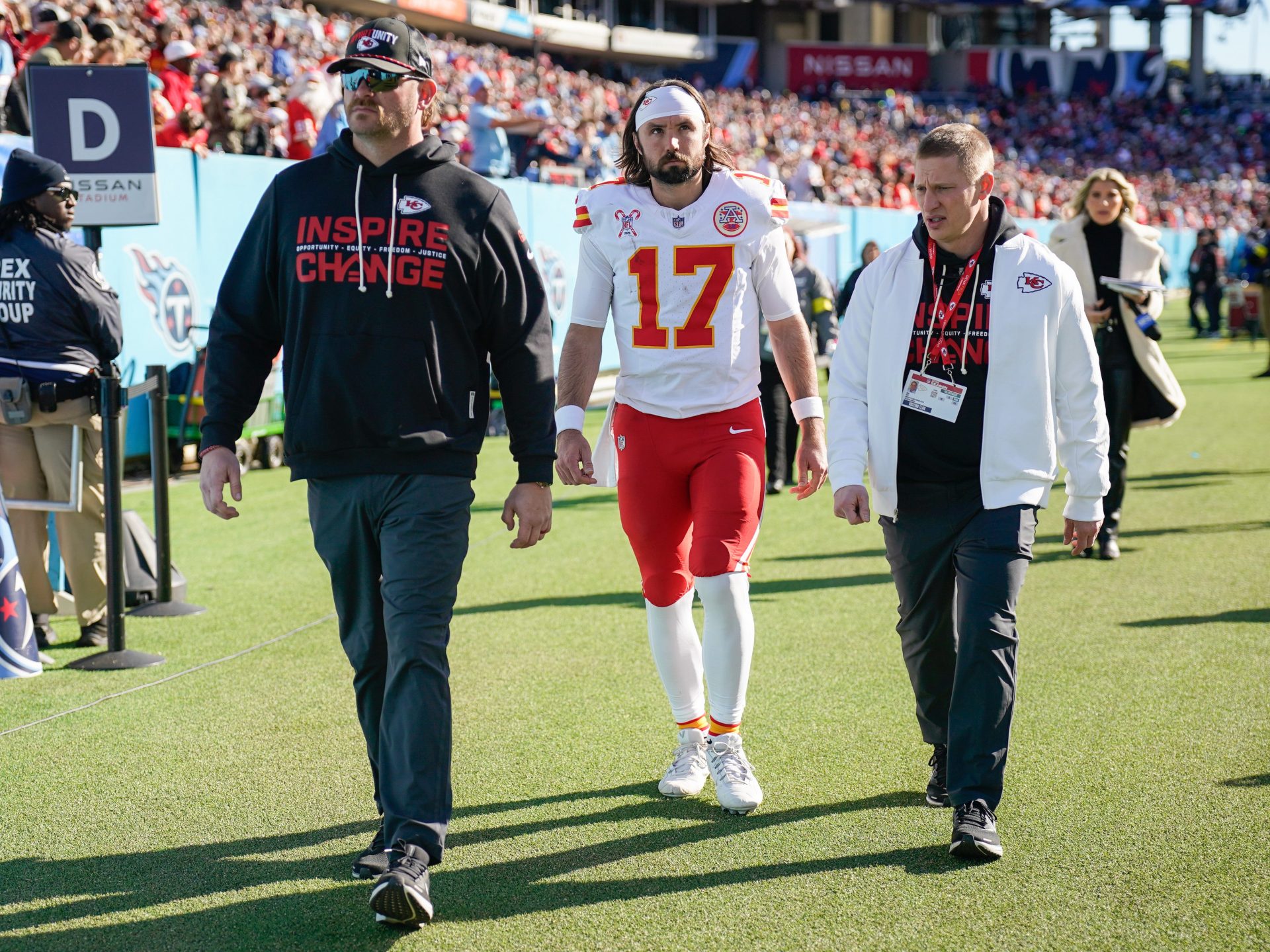 Kansas City Chiefs quarterback Gardner Minshew (17) leaves the field during the second quarter against the Tennessee Titans at Nissan Stadium in Nashville, Tenn., Sunday, Dec. 21, 2025. Minshew suffered a calf injury early in the game.
