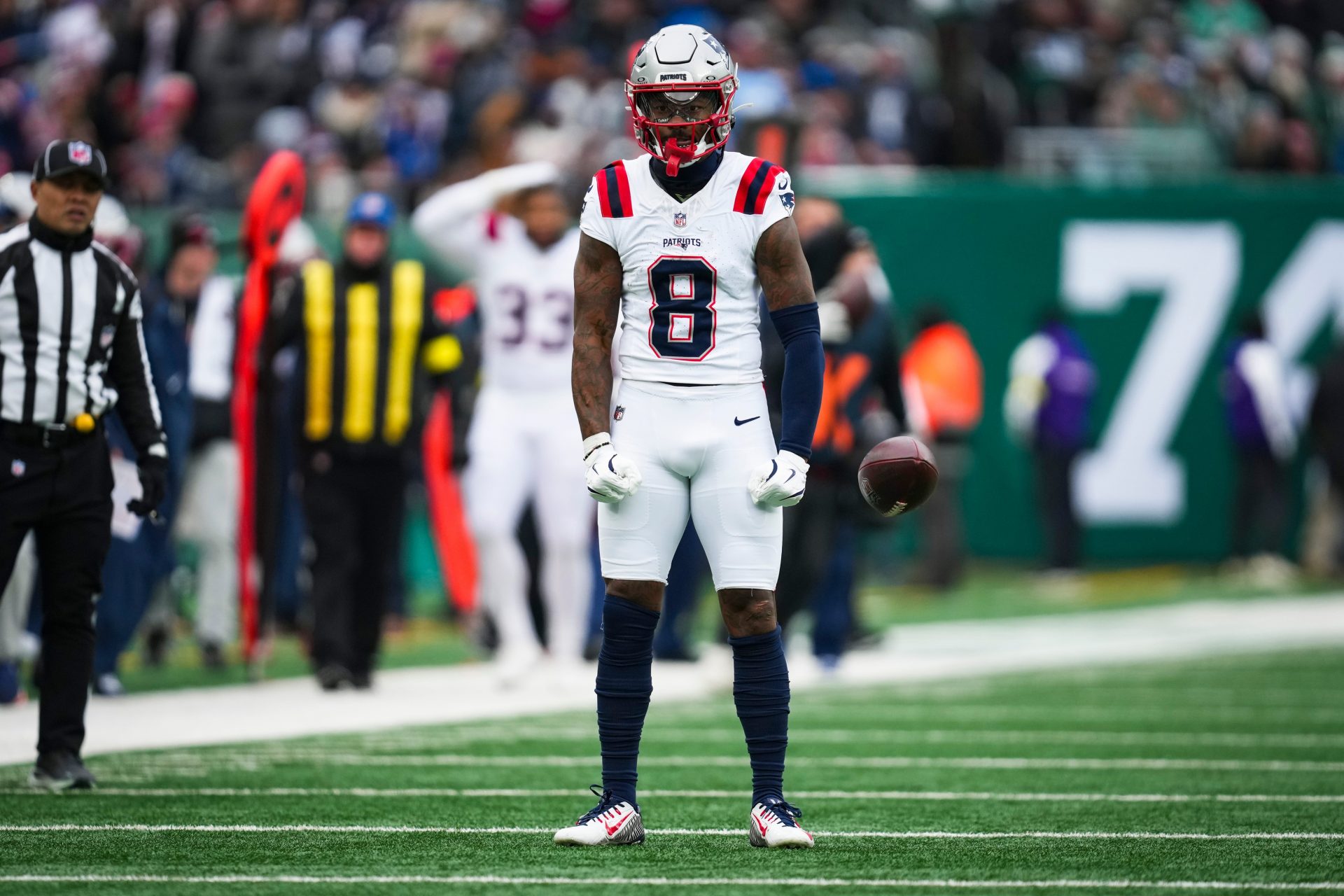New England Patriots wide receiver Stefon Diggs (8) celebrates after a play during a game against the New York Jets at MetLife Stadium, Dec 28, 2025, East Rutherford, NJ, USA.