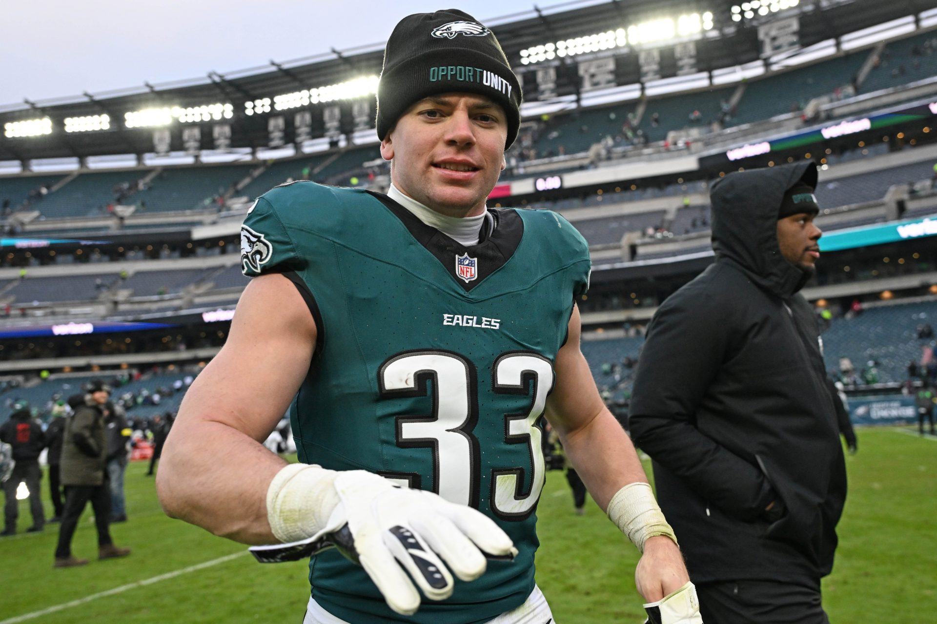 Philadelphia Eagles cornerback Cooper Dejean (33) walks off the field after win against the Las Vegas Raiders at Lincoln Financial Field.