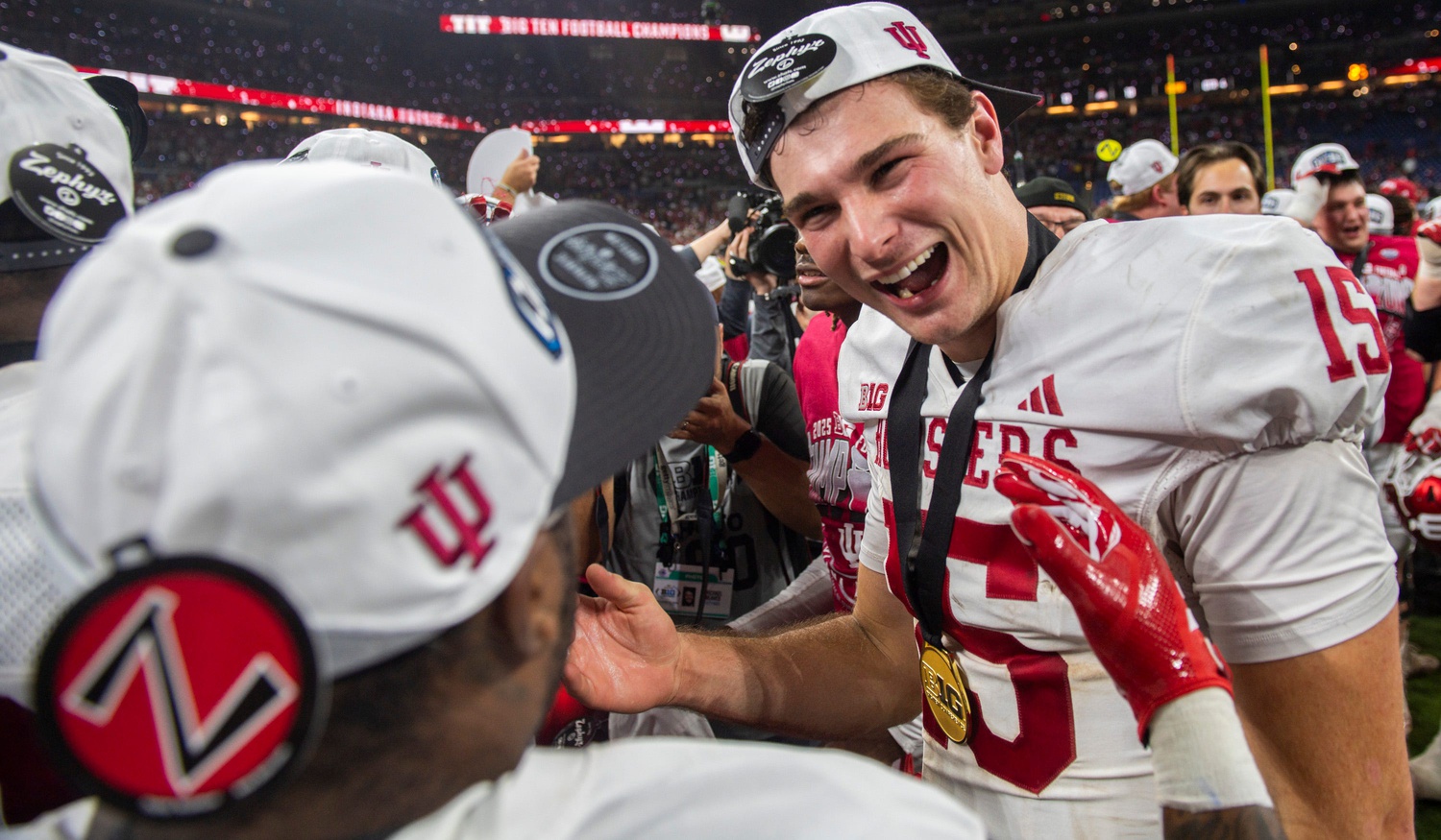 Indiana's Fernando Mendoza (15) celebrates after the Indiana versus Ohio State Big Ten Championship football game at Lucas Oil Stadium on Saturday, Dec. 6, 2025.