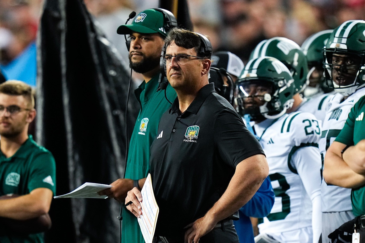 Ohio Bobcats head coach Brian Smith watches his players in the first half at the Ohio Stadium on Saturday, Sept. 13, 2025 in Columbus, Ohio.