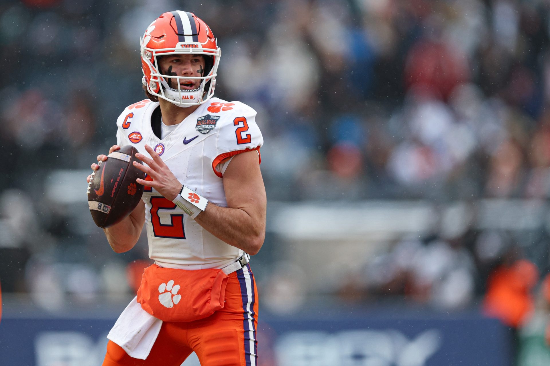 Clemson Tigers quarterback Cade Klubnik (2) looks to pass during the first half of the 2025 Pinstripe Bowl against the Penn State Nittany Lions at Yankee Stadium.