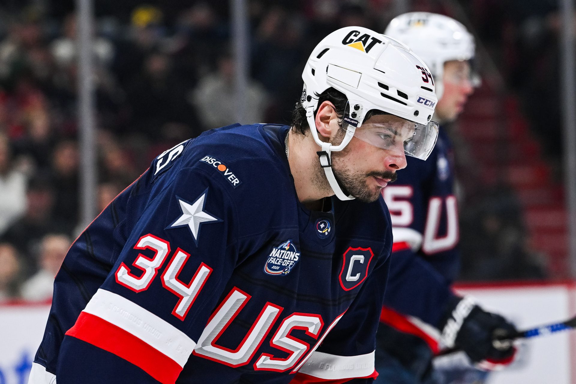 Team USA forward Auston Matthews (34) looks on against Team Finland in the second period during a 4 Nations Face-Off ice hockey game at Bell Centre.