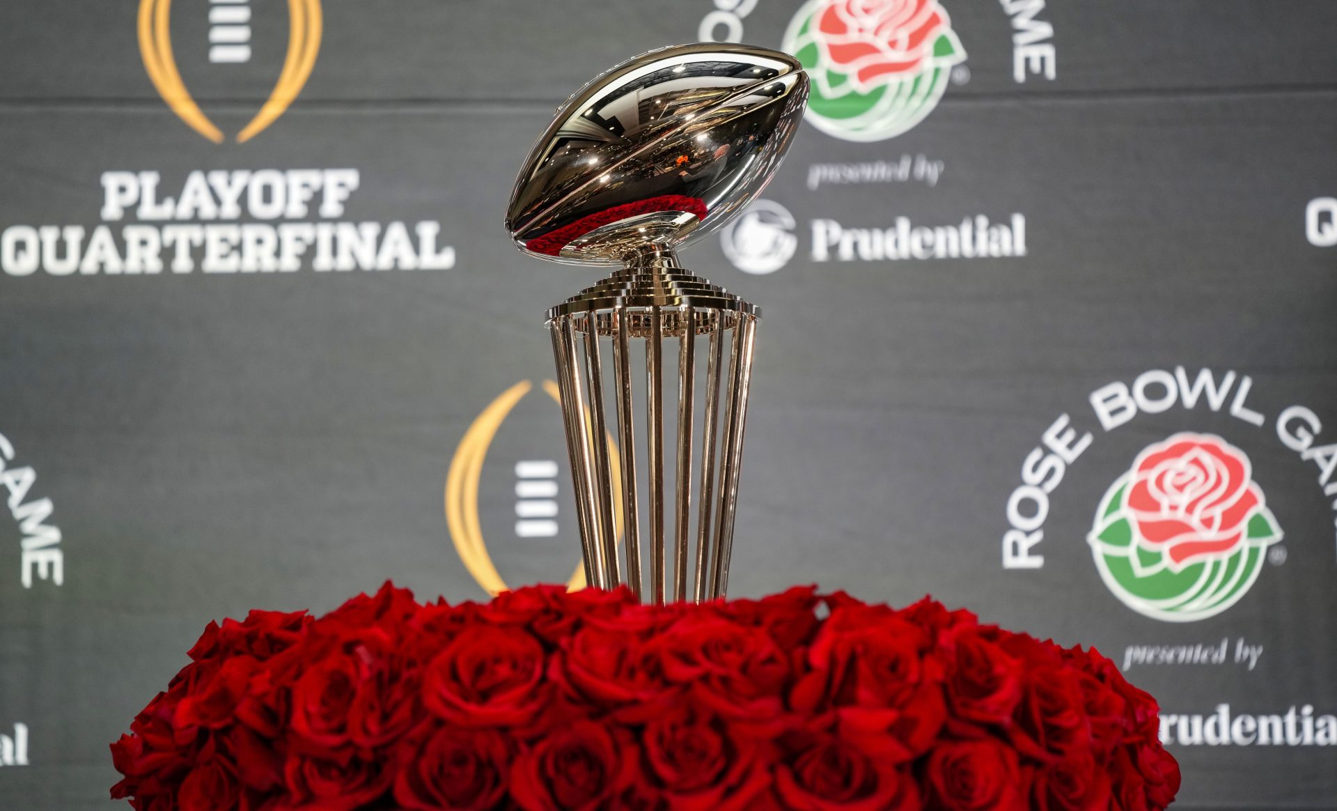 The Rose Bowl trophy is seen Wednesday, Dec. 31, 2025, during a coaches press conference ahead of the Rose Bowl at the Sheraton Grand Los Angeles.