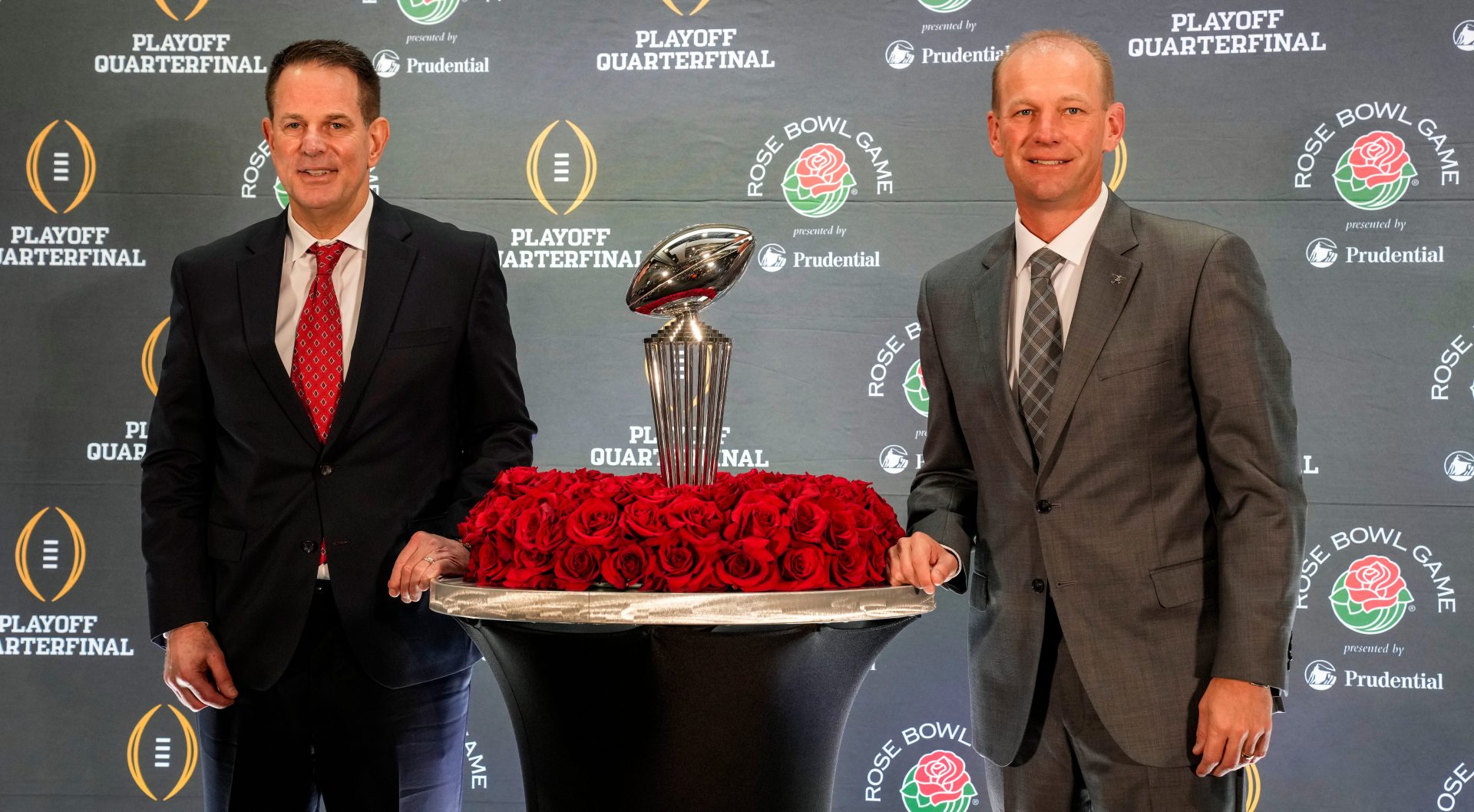 Indiana Hoosiers head coach Curt Cignetti and Alabama Crimson Tide head coach Kalen Deboer pose for a photo Wednesday, Dec. 31, 2025, during a coaches press conference ahead of the Rose Bowl at the Sheraton Grand Los Angeles.