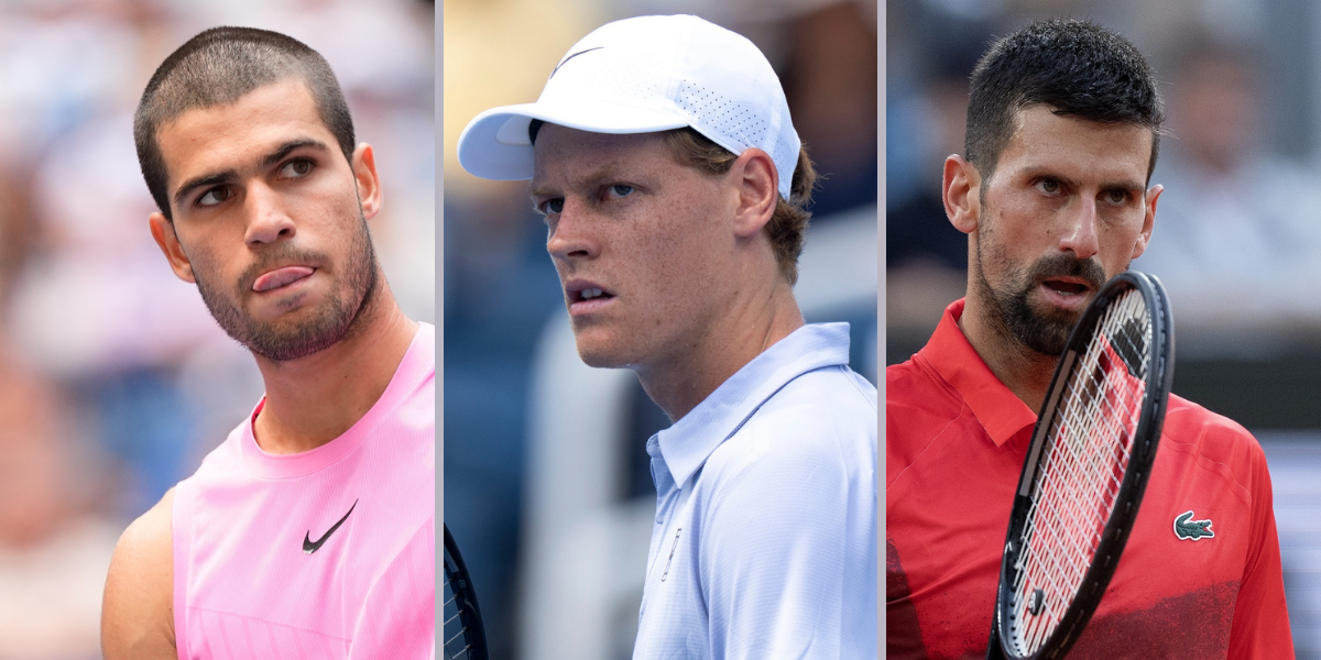 Carlos Alcaraz (left), Jannik Sinner (center), Novak Djokovic (right), Sources: Imagn