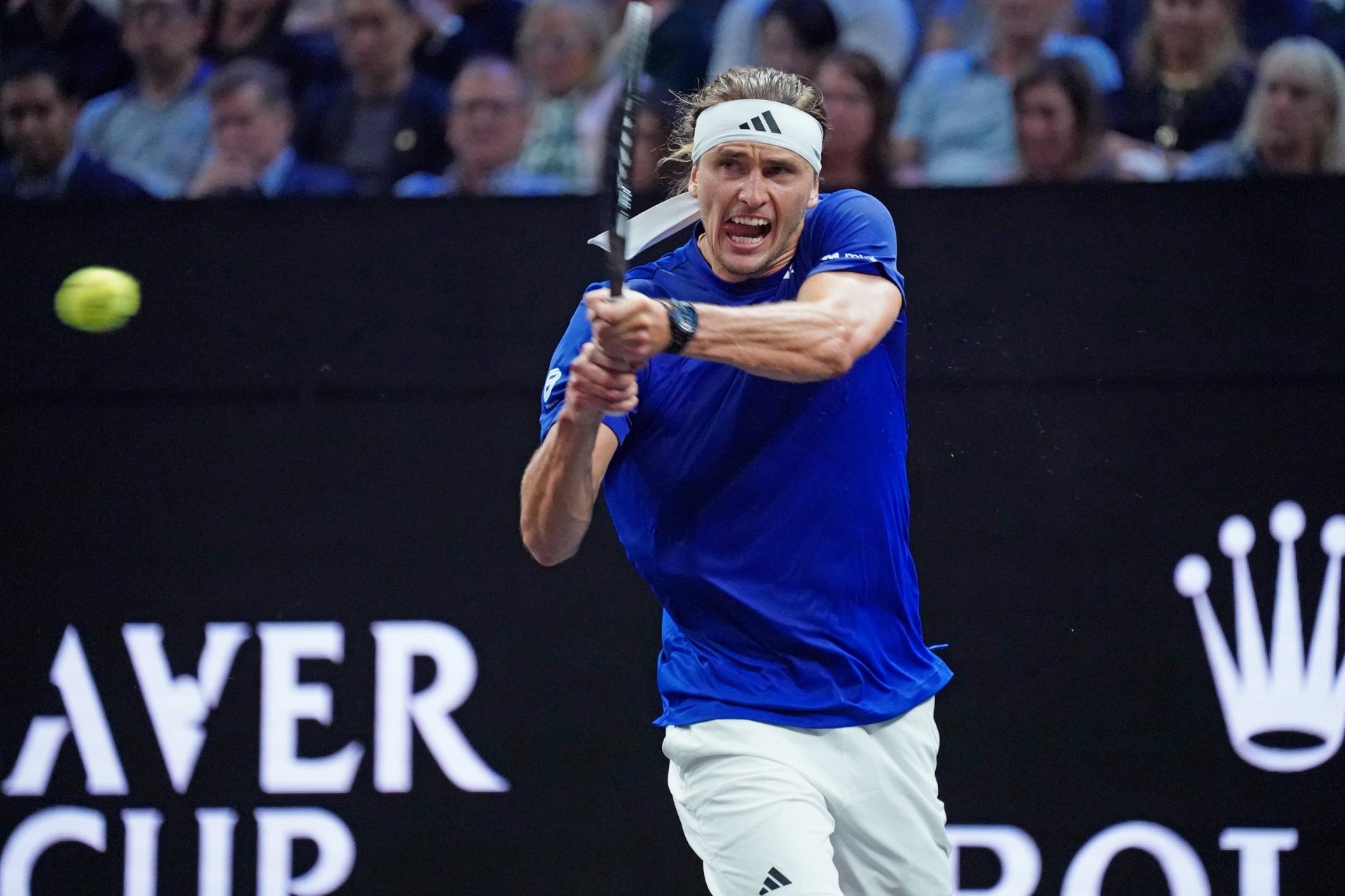 Team Europe player Alexander Zverev returns a ball from Team World Player Alexander de Minaur during the Laver Cup at Chase Center.