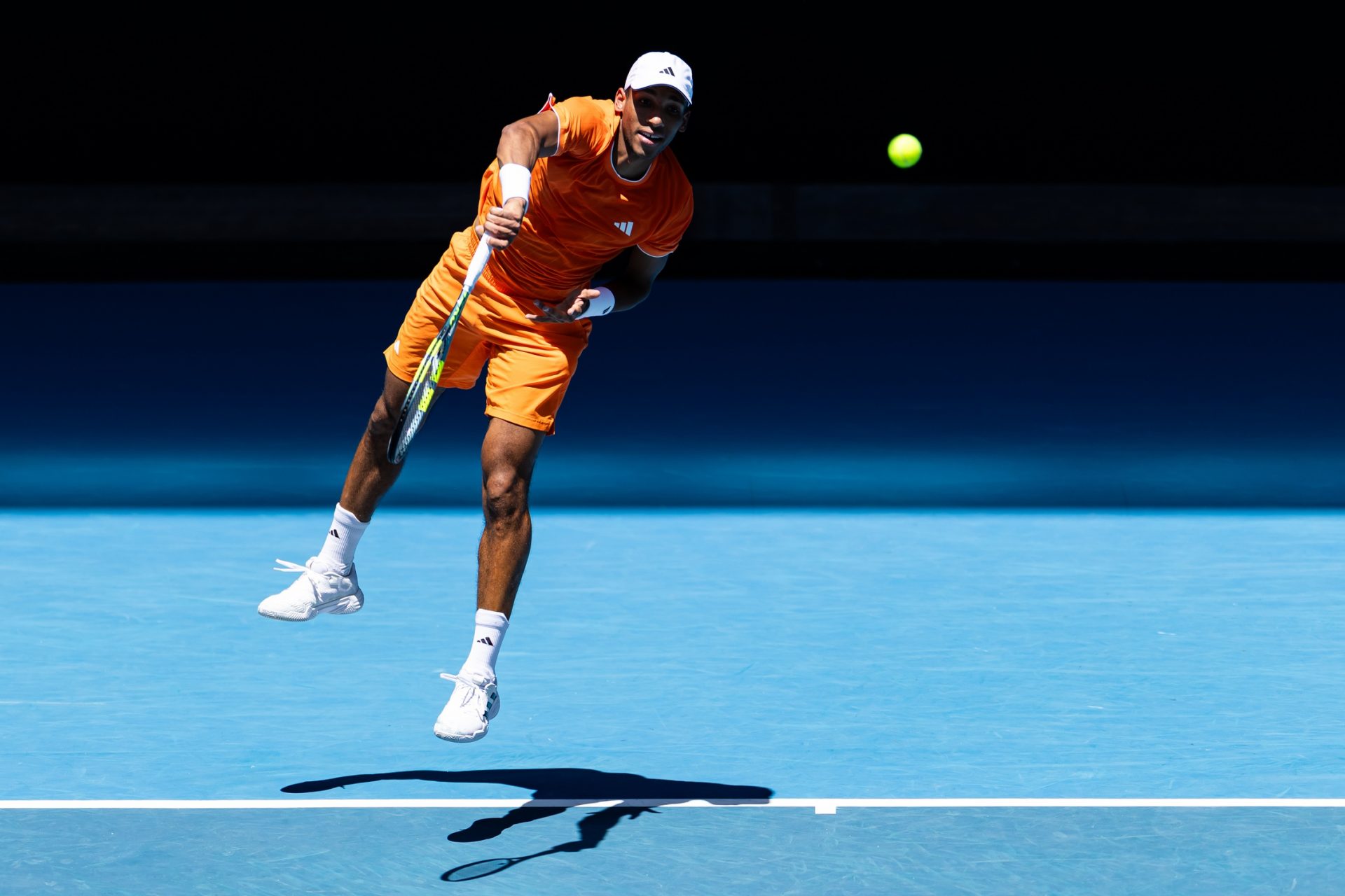 Felix Auger-Aliassime of Canada in action against Nuno Borges of Portugal in the first round of the men’s singles at the Australian Open at John Cain Arena in Melbourne Park.