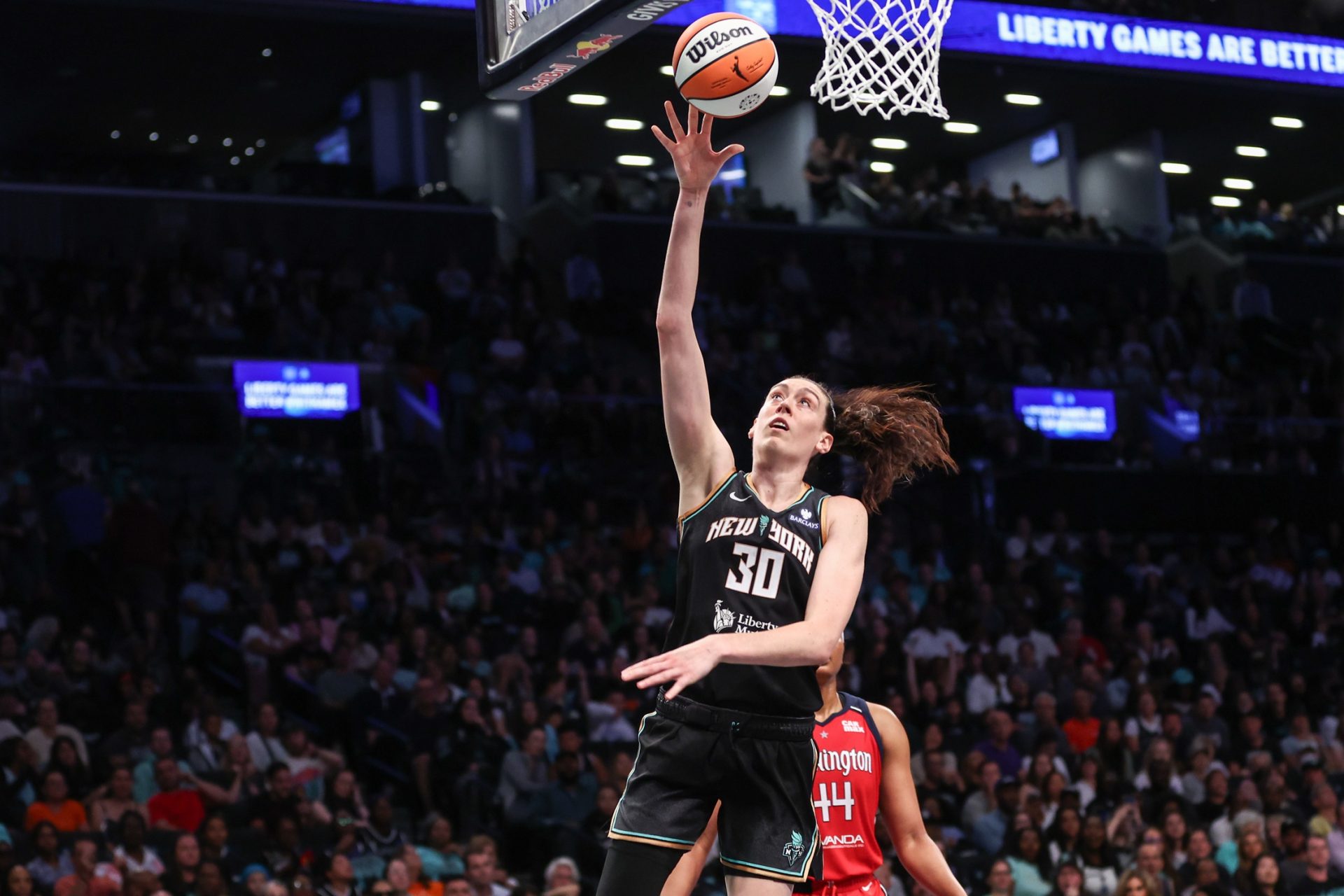 New York Liberty forward Breanna Stewart (30) drives to the basket in the fourth quarter against the Washington Mystics at Barclays Center.