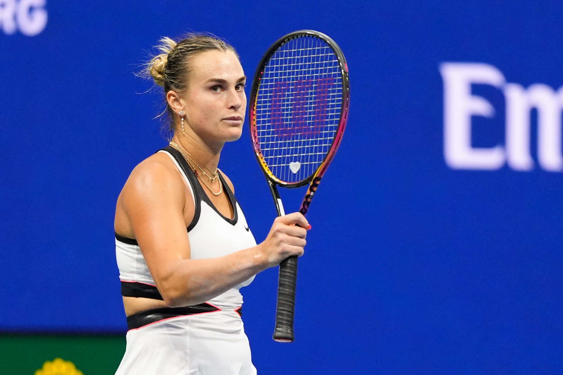 Aryna Sabalenka looks on in the women's singles final against Amanda Anisimova (USA) (not pictured) of the 2025 US Open tennis championships at Billie Jean King National Tennis Center.