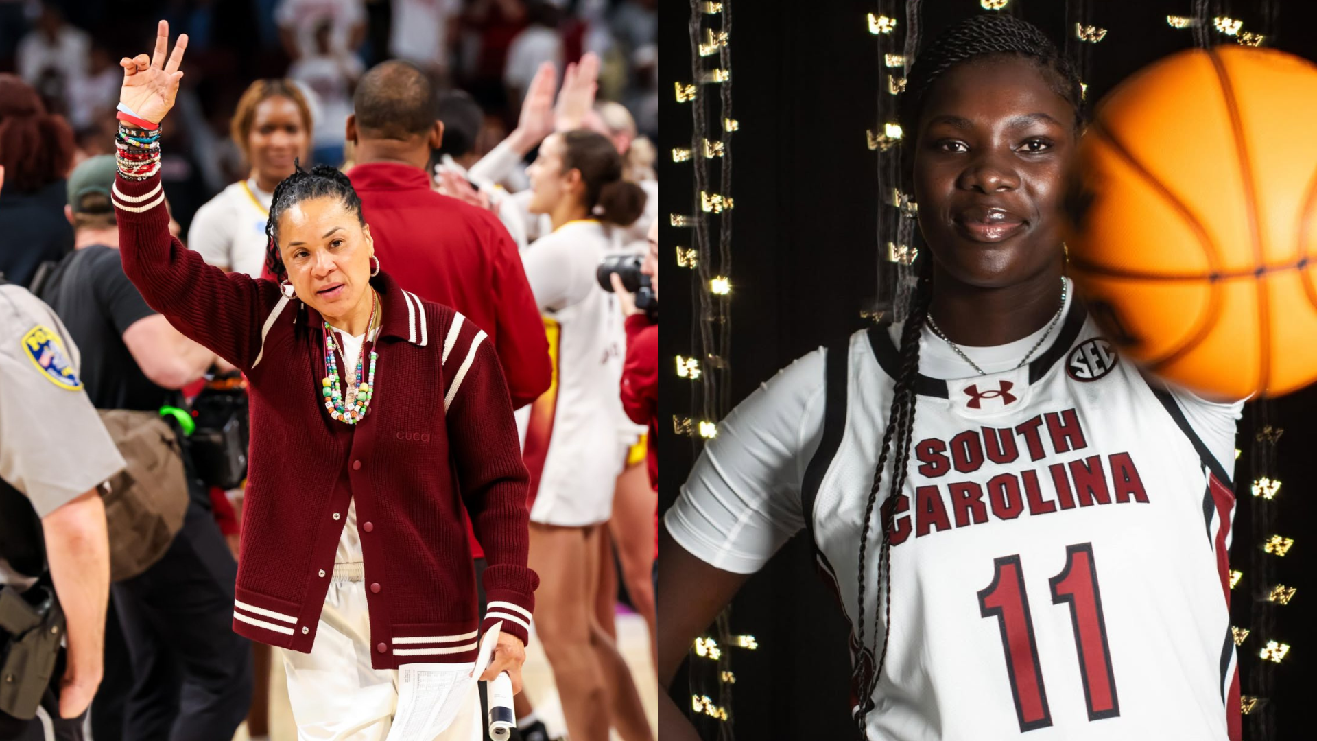 Dawn Staley and Madina Okot. - Source: Imagn, https://www.instagram.com/p/DRnq3cEEf7I/?hl=en&img_index=1