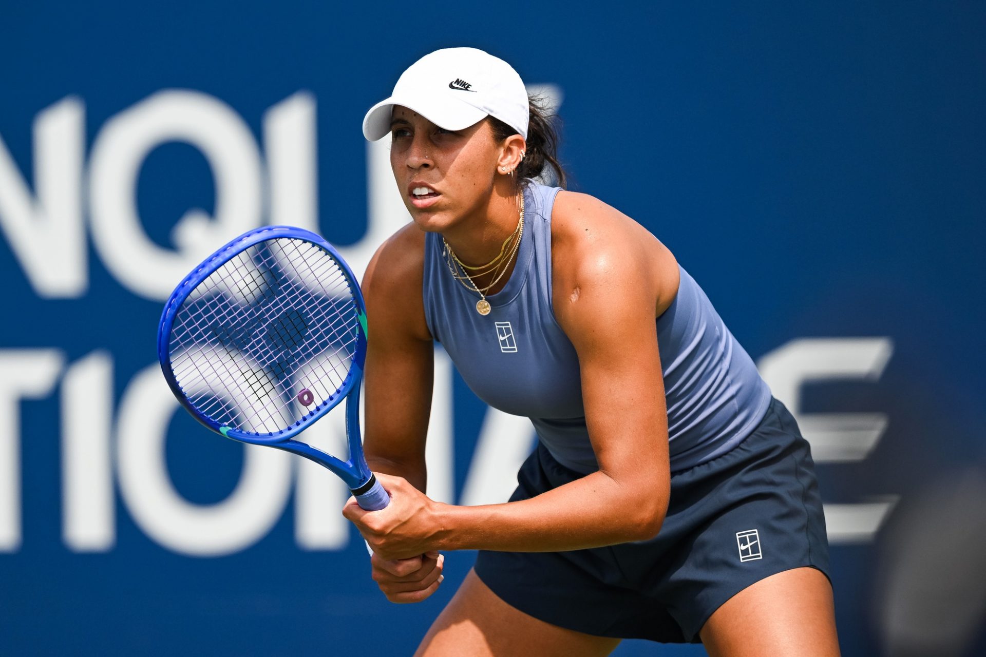 Madison Keys (USA) waits for Laura Siegemund (GER) to serve the ball in second round play at IGA Stadium.