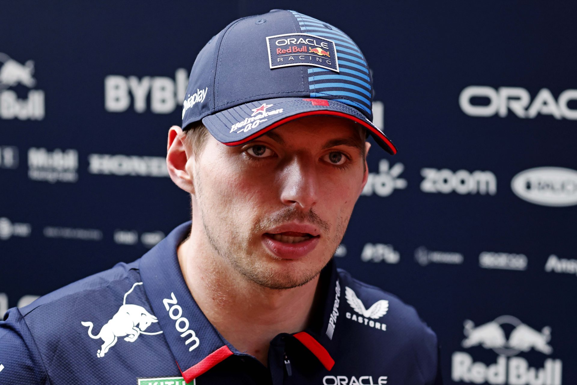 Red Bull Racing driver Max Verstappen (1) talks with the media in advance of the F1 Miami Grand Prix at the Miami International Autodrome.