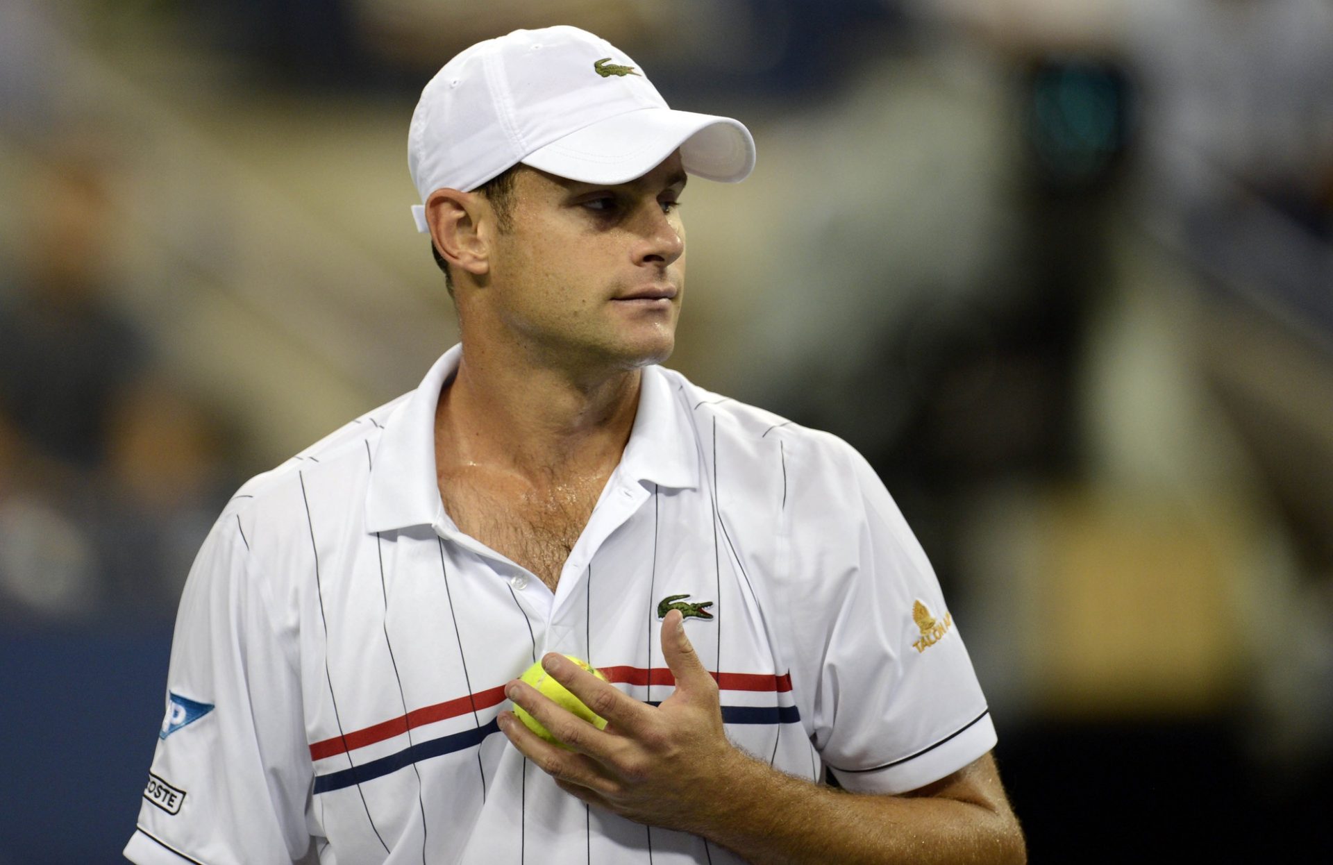Andy Roddick (USA) prepares to serve against Juan Martin Del Potro (ARG) on day nine of the 2012 US Open at Billie Jean King National Tennis Center.