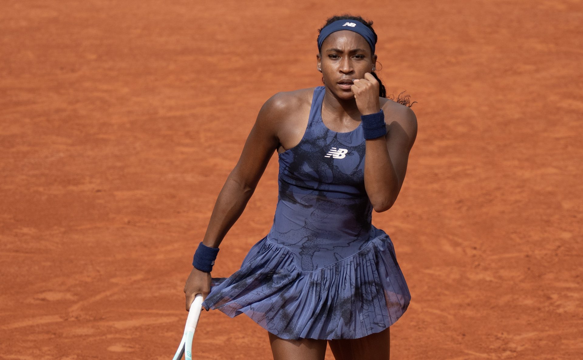 Coco Gauff of the United States reacts to a point during her match against Tereza Valentova of the Czech Republic on day five at Roland Garros Stadium.