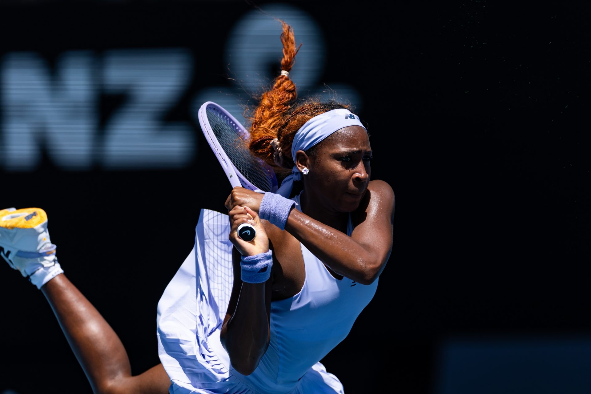 Coco Gauff of United States in action against Kamilla Rakhimova of Uzbekistan in the first round of the women’s singles at the Australian Open at Rod Laver Arena in Melbourne Park.