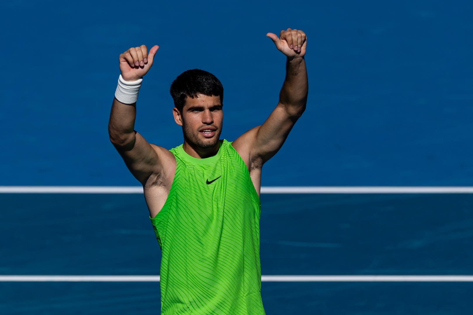 Carlos Alcaraz of Spain celebrates his victory over Yannick Hanfmann of Germany in the second round of the mens singles at the Australian Open at Rod Laver Arena in Melbourne Park.