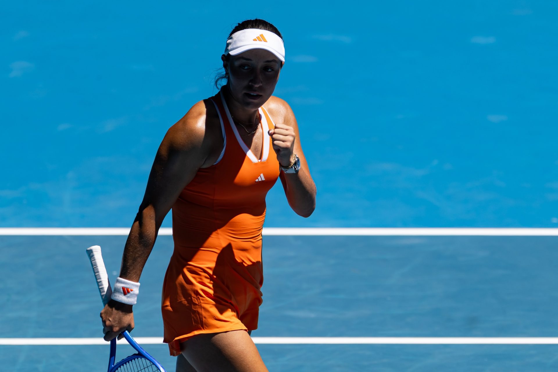 Jessica Pegula of United States celebrates her victory over Madison Keys of United States in the fourth round of the women’s singles at the Australian Open at Rod Laver Arena in Melbourne Park.