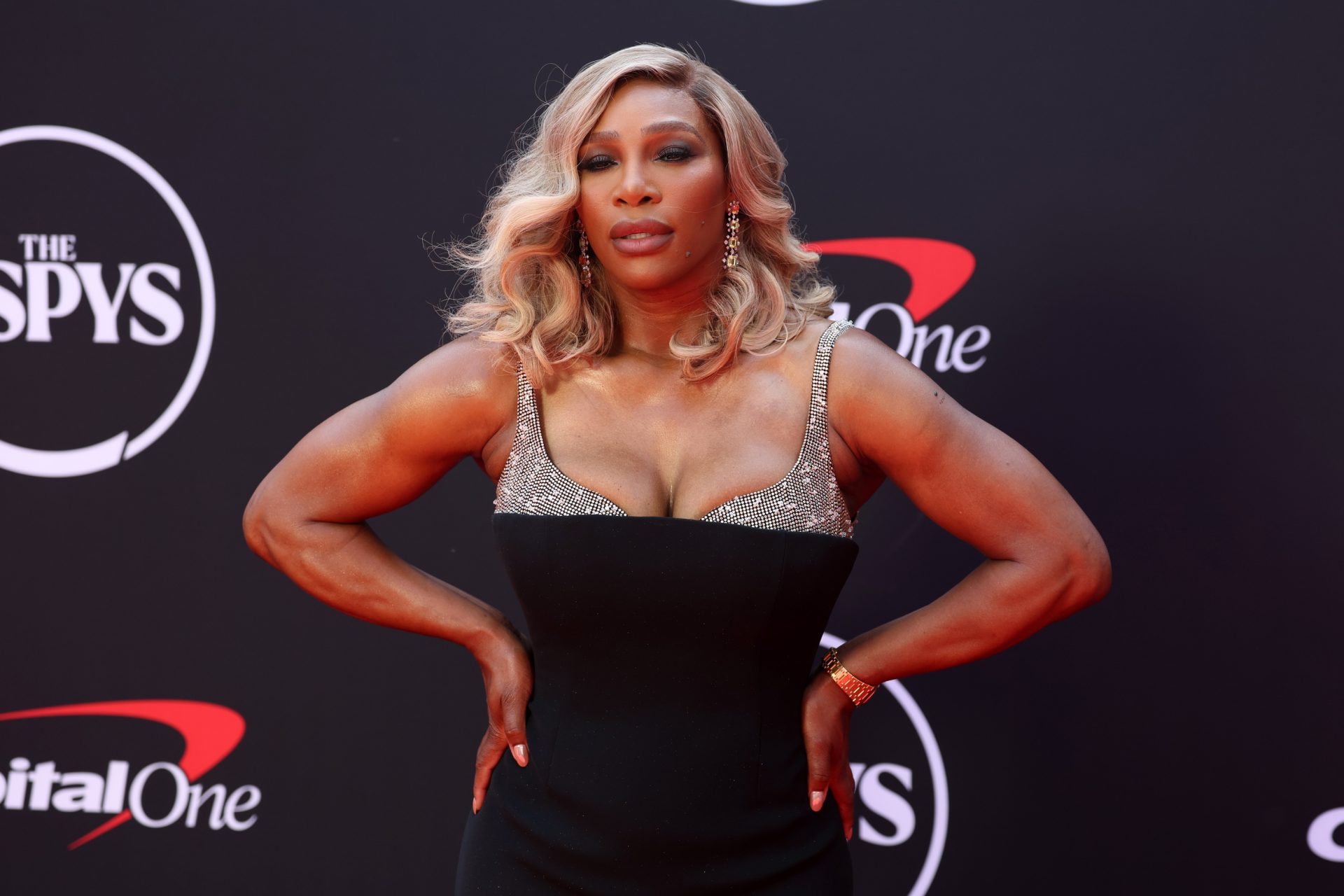 Former tennis star Serena Williams arrives on the red carpet before hosting the 2024 ESPYS at Dolby Theatre.