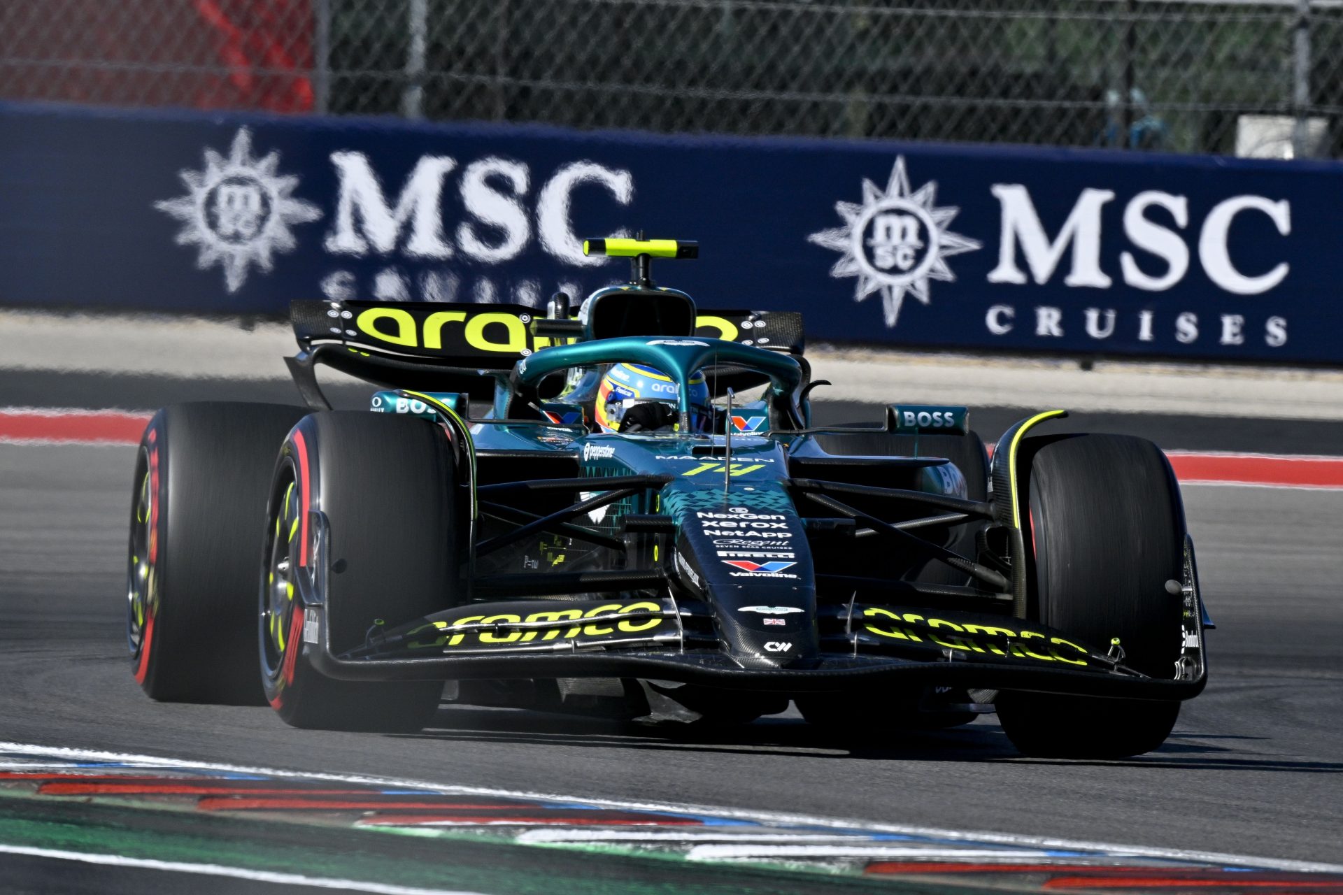 Aston Martin Aramco driver Fernando Alonso (14) of Team Spain drives during the 2025 US Grand Prix at Circuit of The Americas in Austin, Texas.