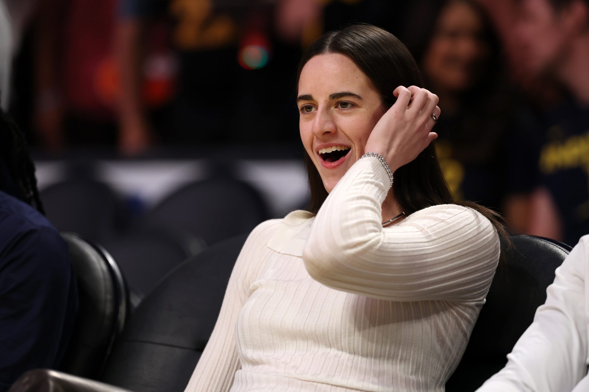 Indiana Fever guard Caitlin Clark (22) sits in the bench before the game against the Los Angeles Sparks at Crypto.com Arena.