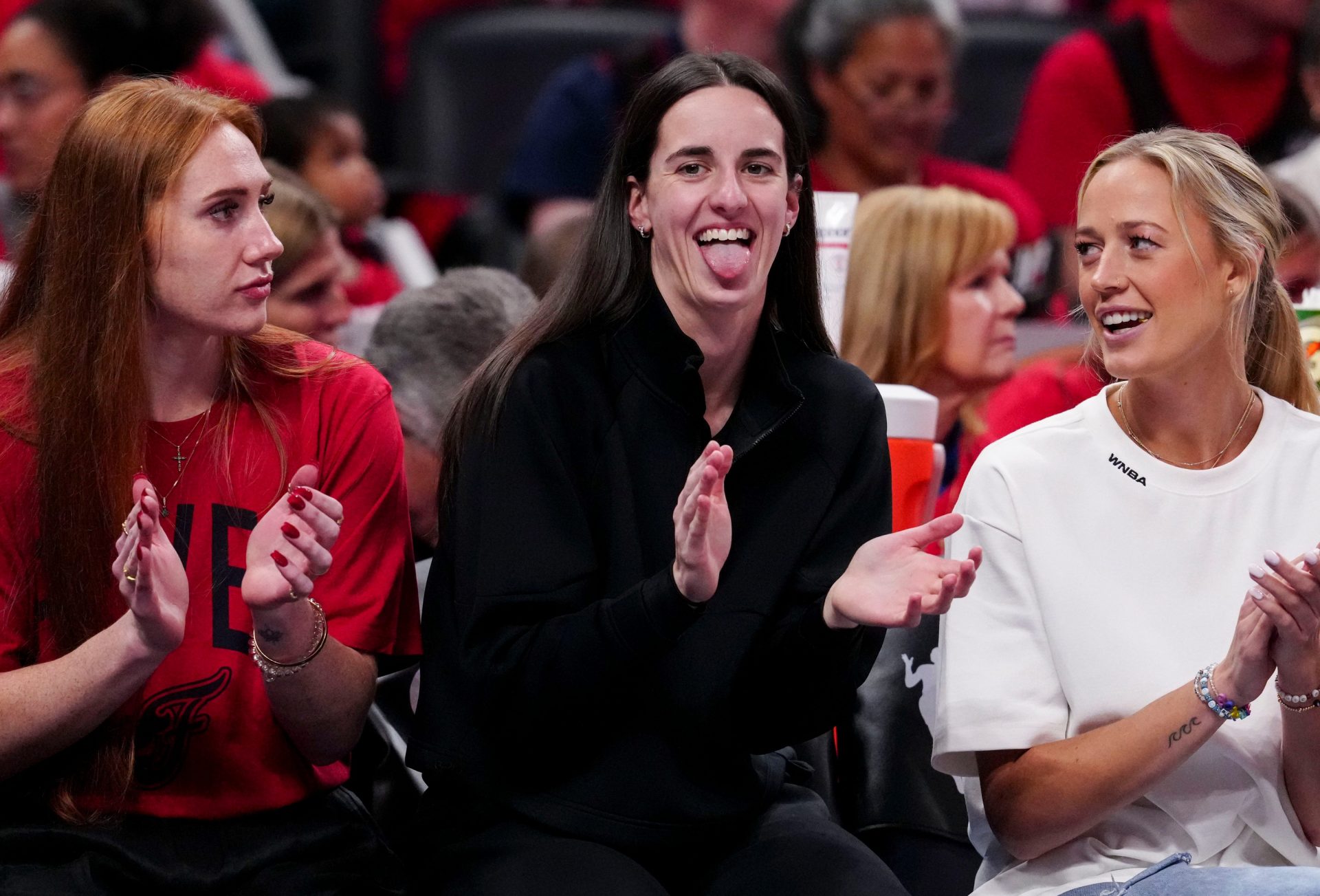Indiana Fever guard Caitlin Clark (22) reacts from the bench during Game 4 of the WNBA semifinals against the Las Vegas Aces on Sunday, Sept. 28, 2025, at Gainbridge Fieldhouse in Indianapolis.