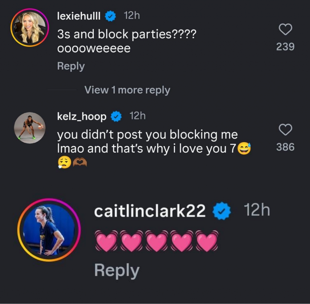 Lexie Hull, Caitlin Clark and Kelsey Mitchell's Instagram comment.
