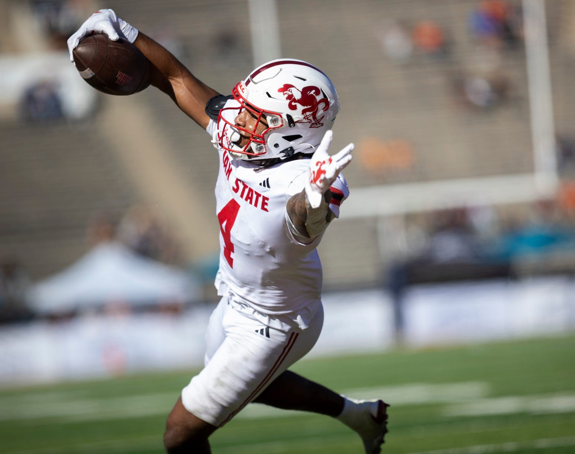 Jacksonville State Gamecocks running back Cam Cook(4) dives in for a touchdown against the UTEP Miners defense at Sun Bowl Stadium in El Paso, Texas, Saturday, November 8, 2025. The touchdown was negated by a penalty.