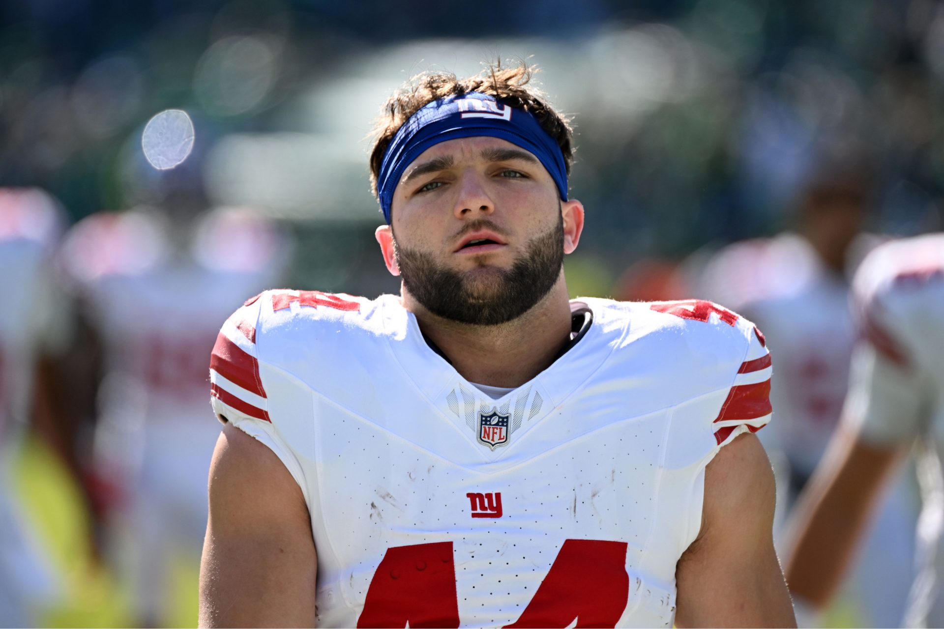 New York Giants running back Cam Skattebo (44) looks on before the game against the Philadelphia Eagles at Lincoln Financial Field - Source: Imagn