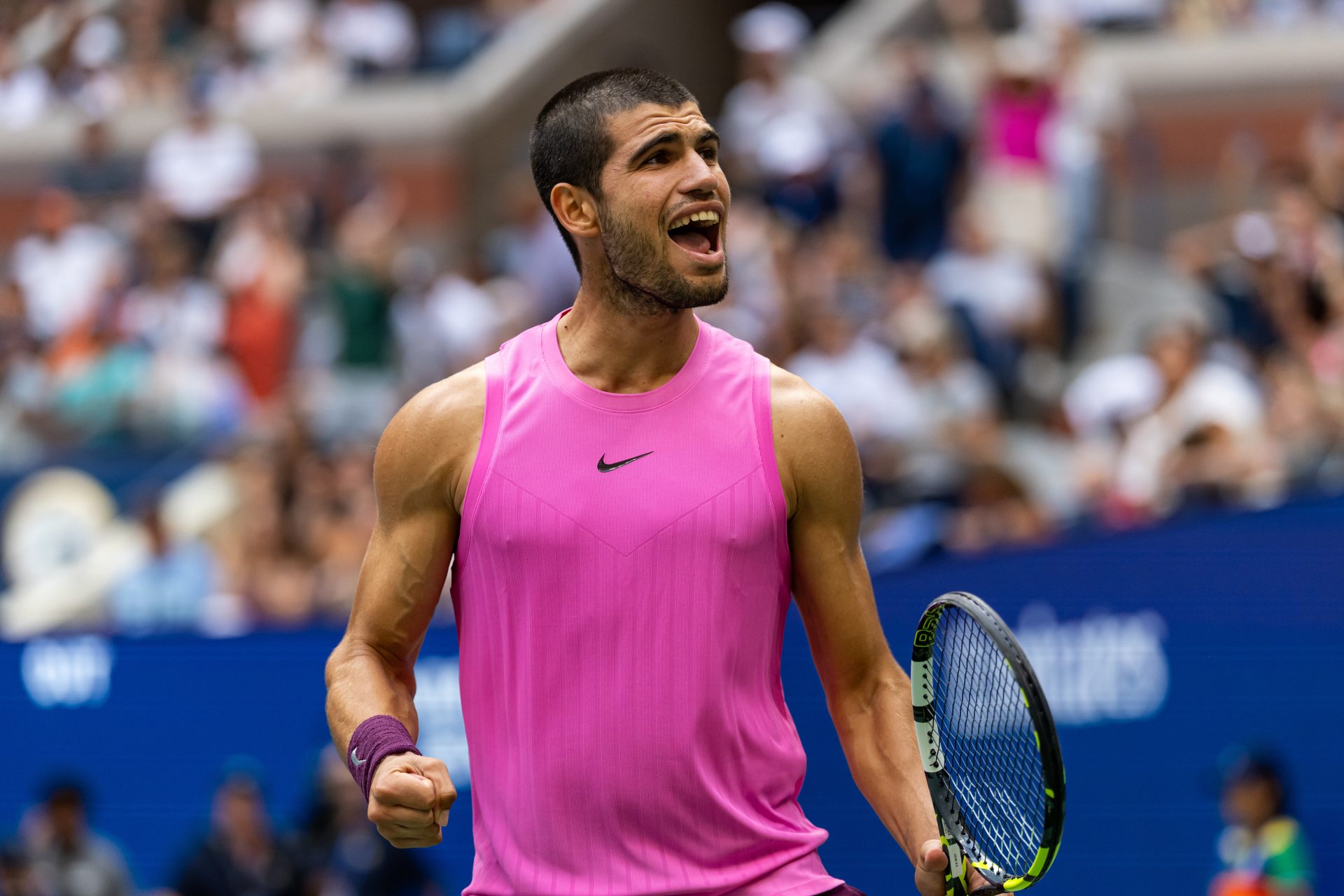 Carlos Alcaraz of Spain celebrates his victory over Novak Djokovic of Serbia in the semifinal of the mens singles at the US Open at Arthur Ashe Stadium in Billie Jean King National Tennis Center.