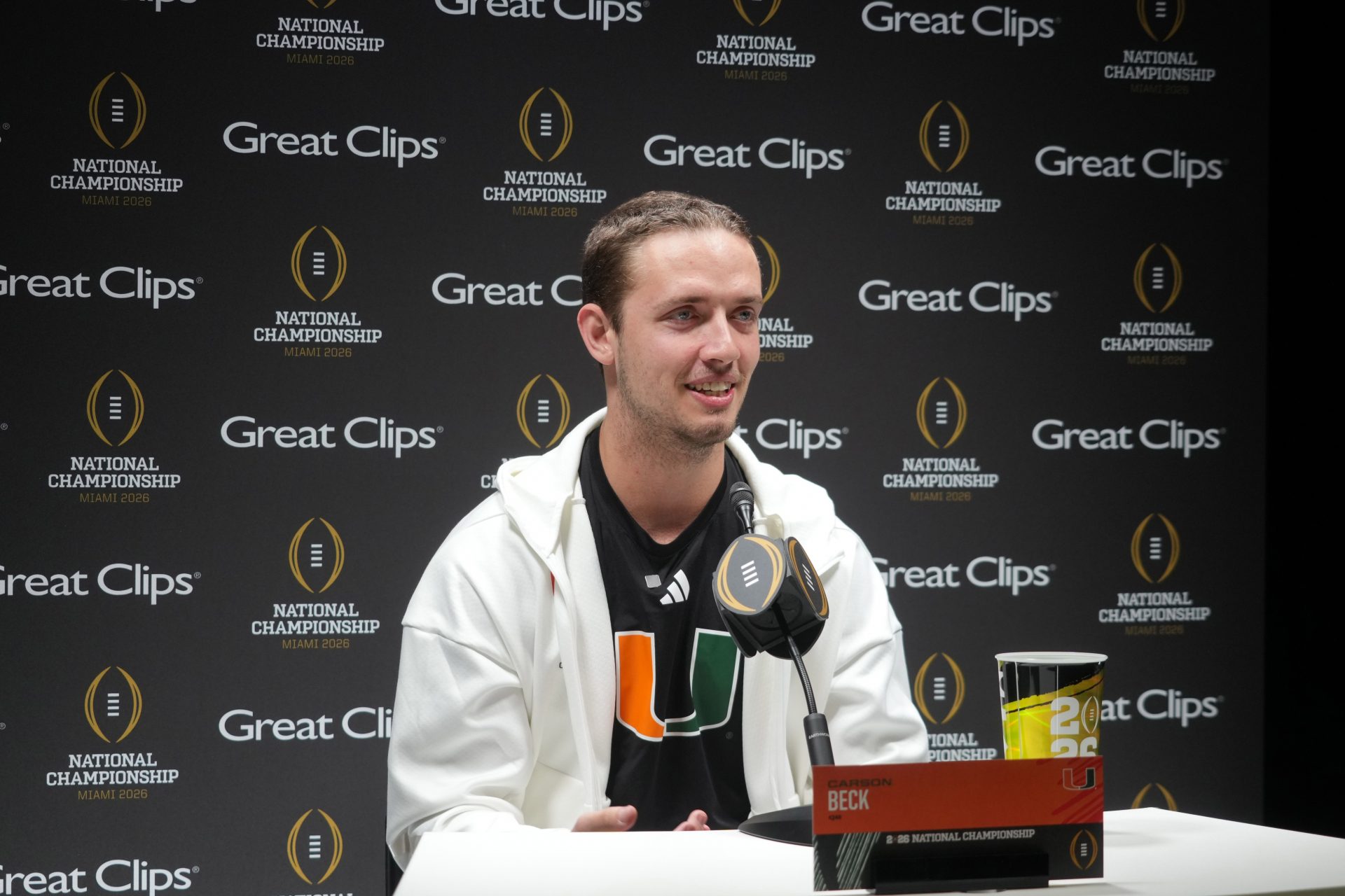 Miami Hurricanes quarterback Carson Beck during media day for the 2025 College Football Playoff National Championship at Miami Beach Convention Center.