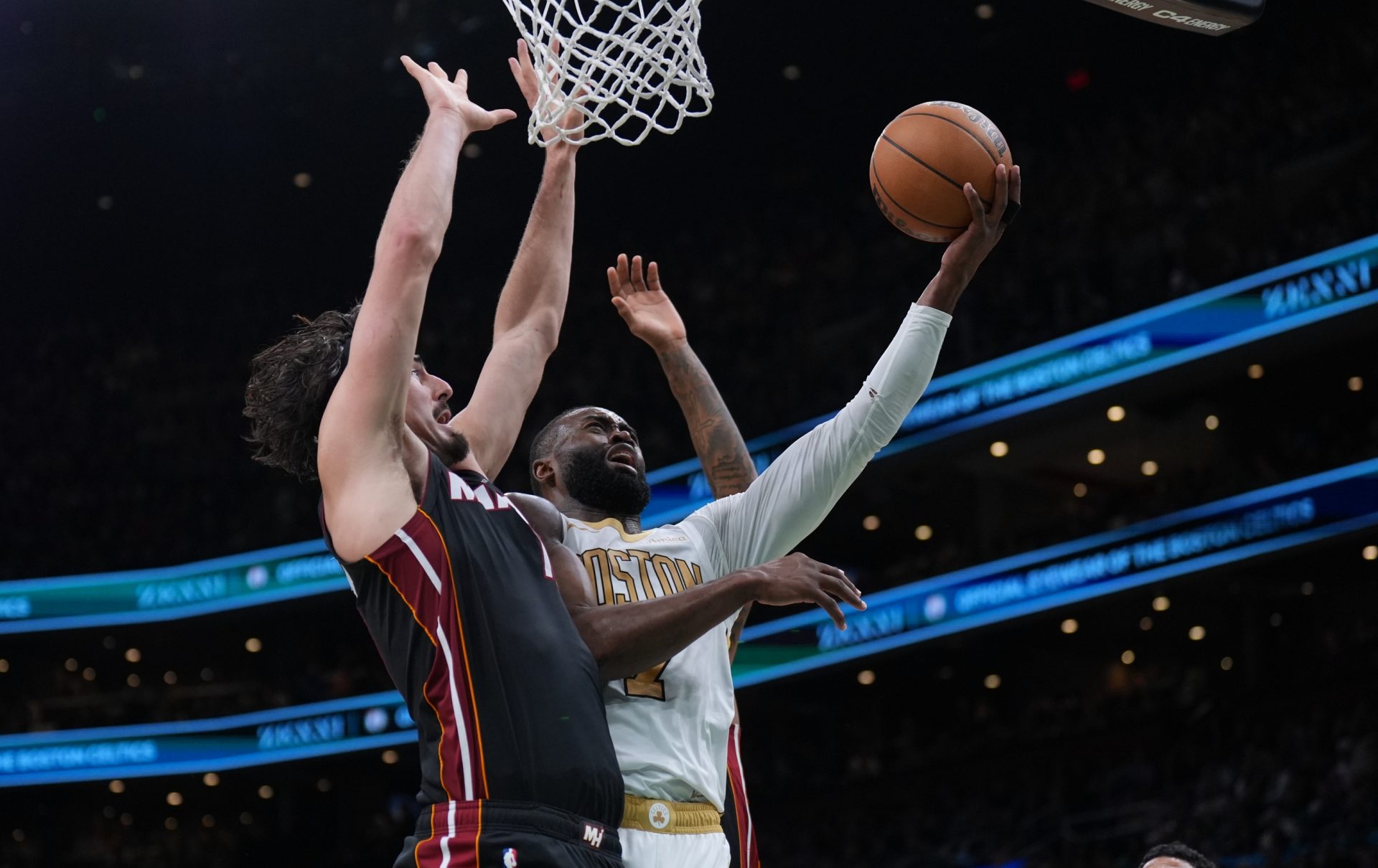 Boston Celtics guard Jaylen Brown (7) drives to the basket against Miami Heat forward Jaime Jaquez Jr. (11) in the second half at TD Garden.
