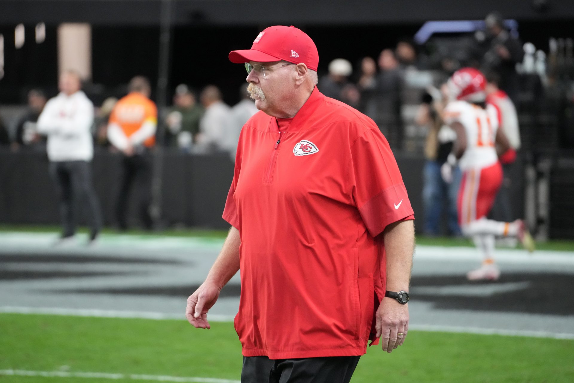 Kansas City Chiefs head coach Andy Reid reacts during the game against the Las Vegas Raiders at Allegiant Stadium.