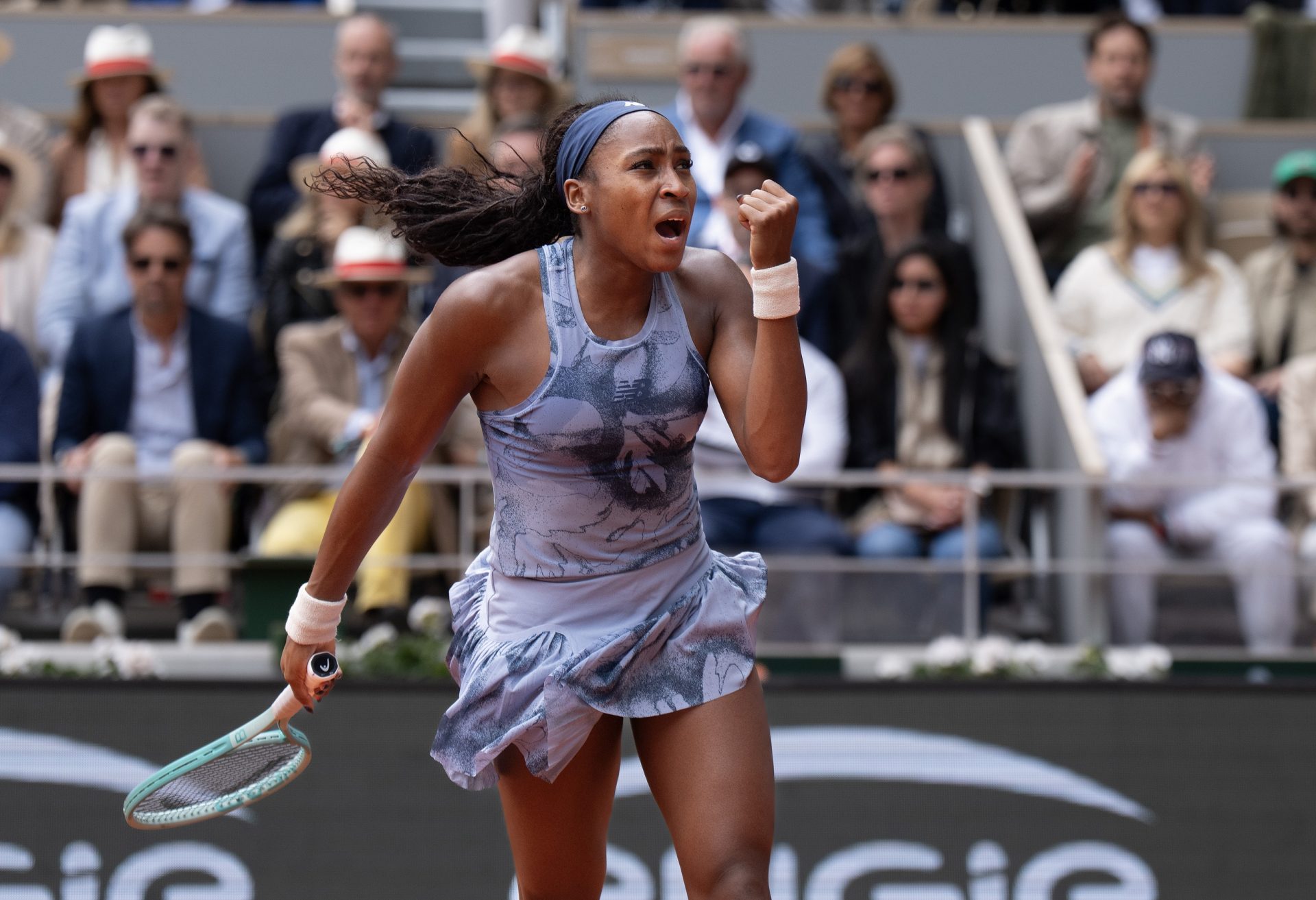 Coco Gauff of the United States reacts to a point during the womenÕs singles final against Aryna Sabalenka on day 14 at Roland Garros Stadium.