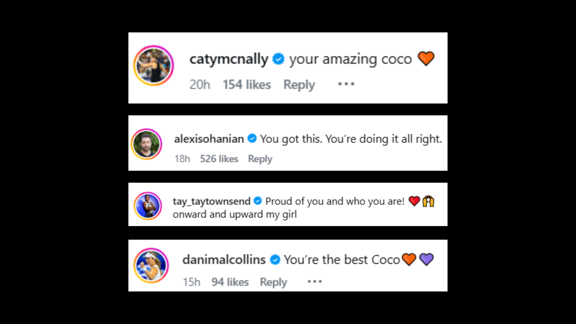 Screenshot of the comments from Coco Gauff's Instagram post
