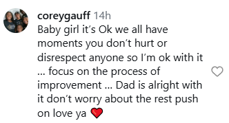 Screenshot of Corey Gauff's comment on Coco Gauff's post