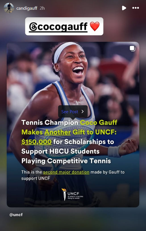 Screenshot from Candi Gauff's Instagram story