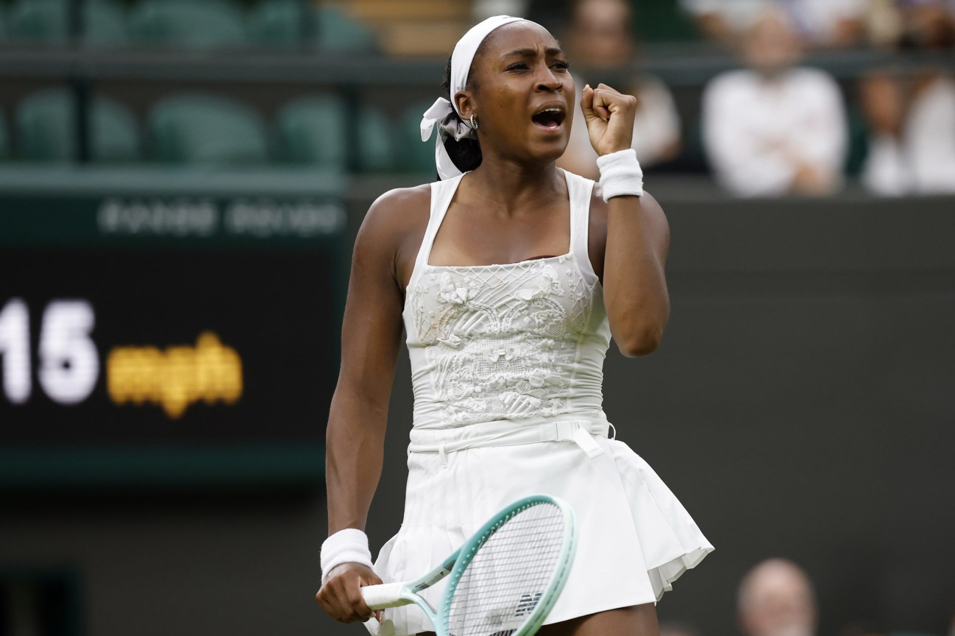 Coco Gauff (USA)  reacts after winning a point against Dayana Yastremska (UKR)(not pictured) on day 2 of The Championships, Wimbledon 2025 at All England Lawn Tennis and Croquet Club.