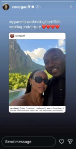 Coco Gauff's Instagram Story about her parents celebrating their 25th wedding anniversary (Source: Instagram/cocogauff)