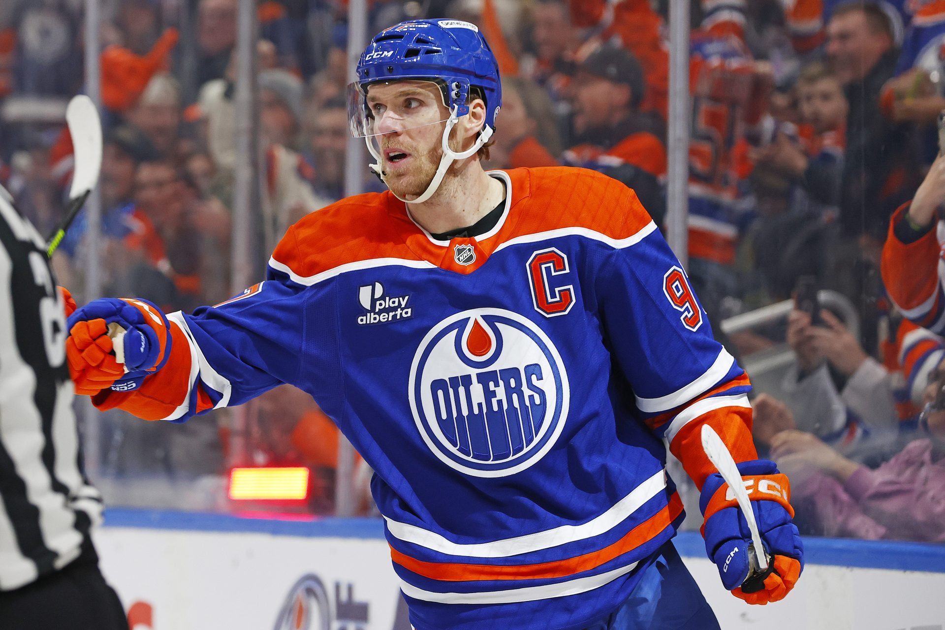 Edmonton Oilers forward Connor McDavid (97) celebrates after scoring a goal against the Nashville Predators during the first period at Rogers Place.