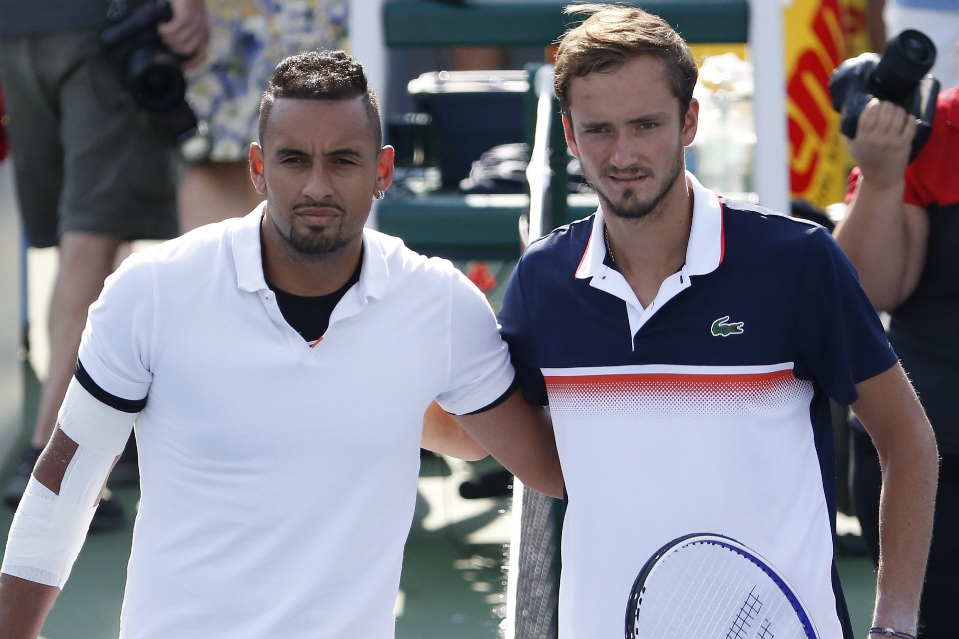 Nick Kyrgios of Australia (L) and Daniil Medvedev of Russia (R) pose for a picture prior to their match in the menÕs singles final of the 2019 Citi Open at William H.G. FitzGerald Tennis Center.