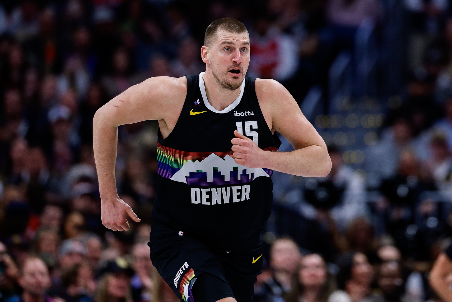 Denver Nuggets center Nikola Jokic (15) in the second quarter against the Los Angeles Clippers at Ball Arena.