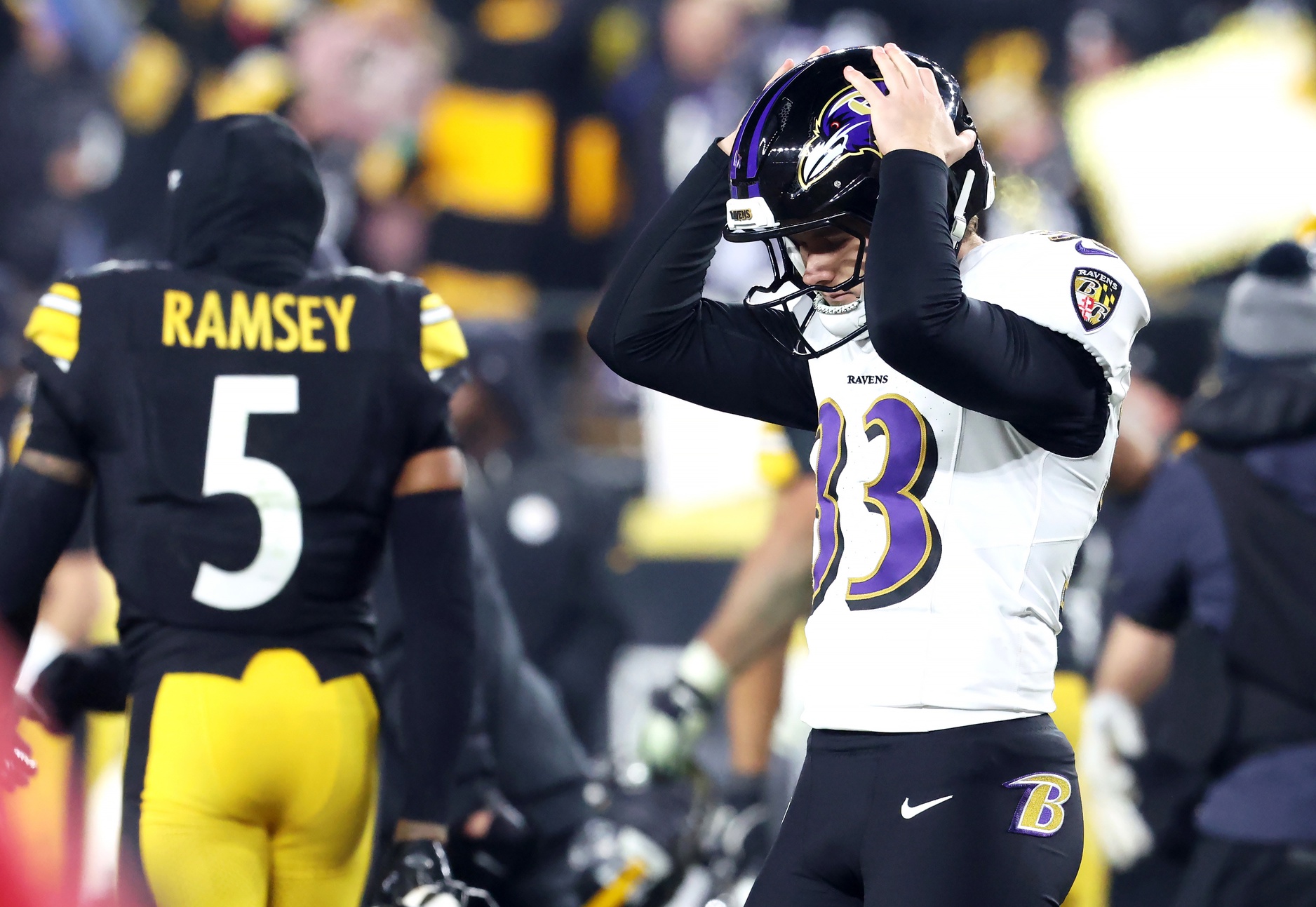 Baltimore Ravens place kicker Tyler Loop (33) reacts after missing the game winning field goal against the Pittsburgh Steelers during the second half at Acrisure Stadium.