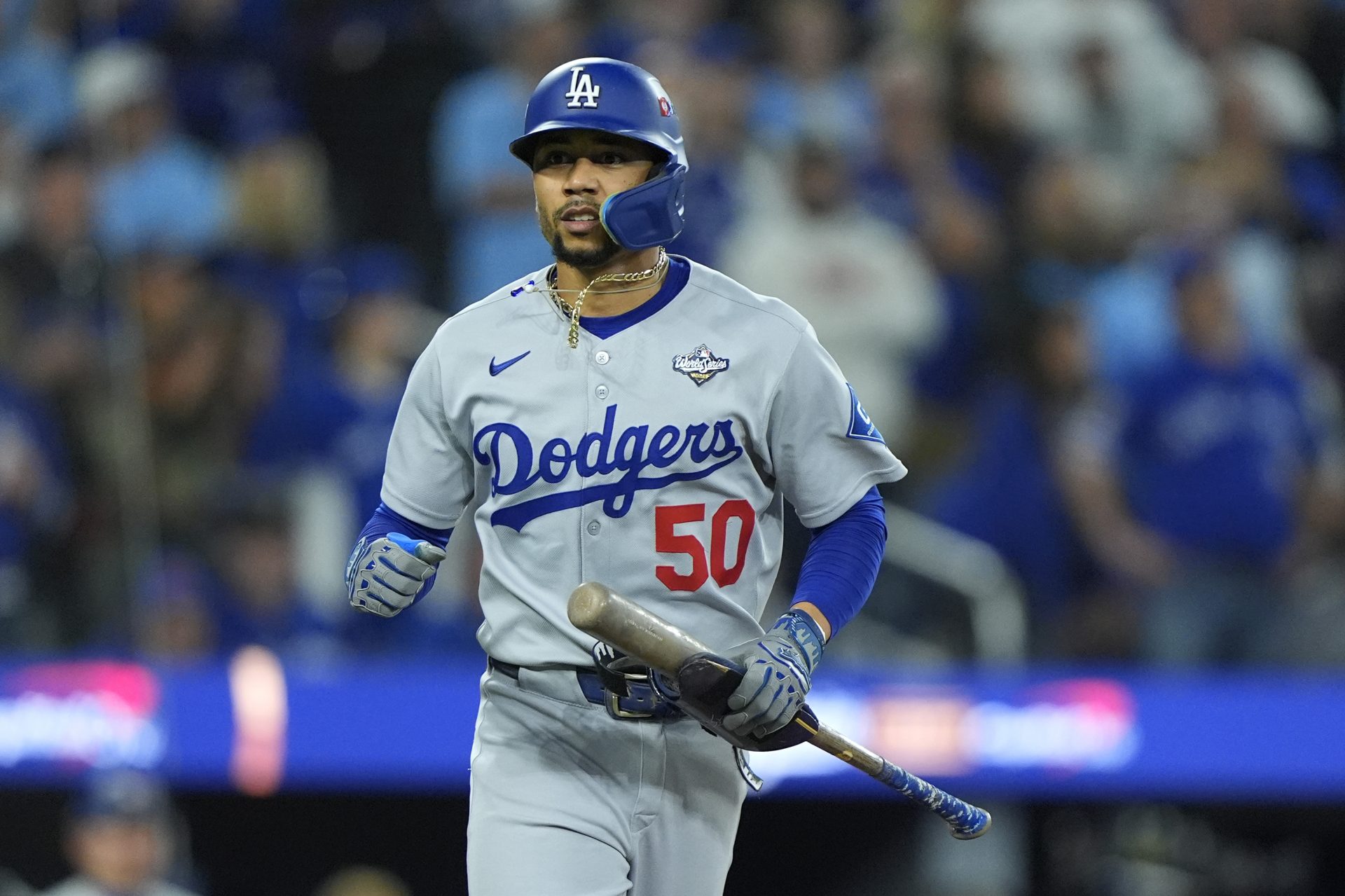 Dodgers shortstop Mookie Betts (50) walks against the Toronto Blue Jays in the tenth inning during game seven of the 2025 MLB World Series at Rogers Centre.