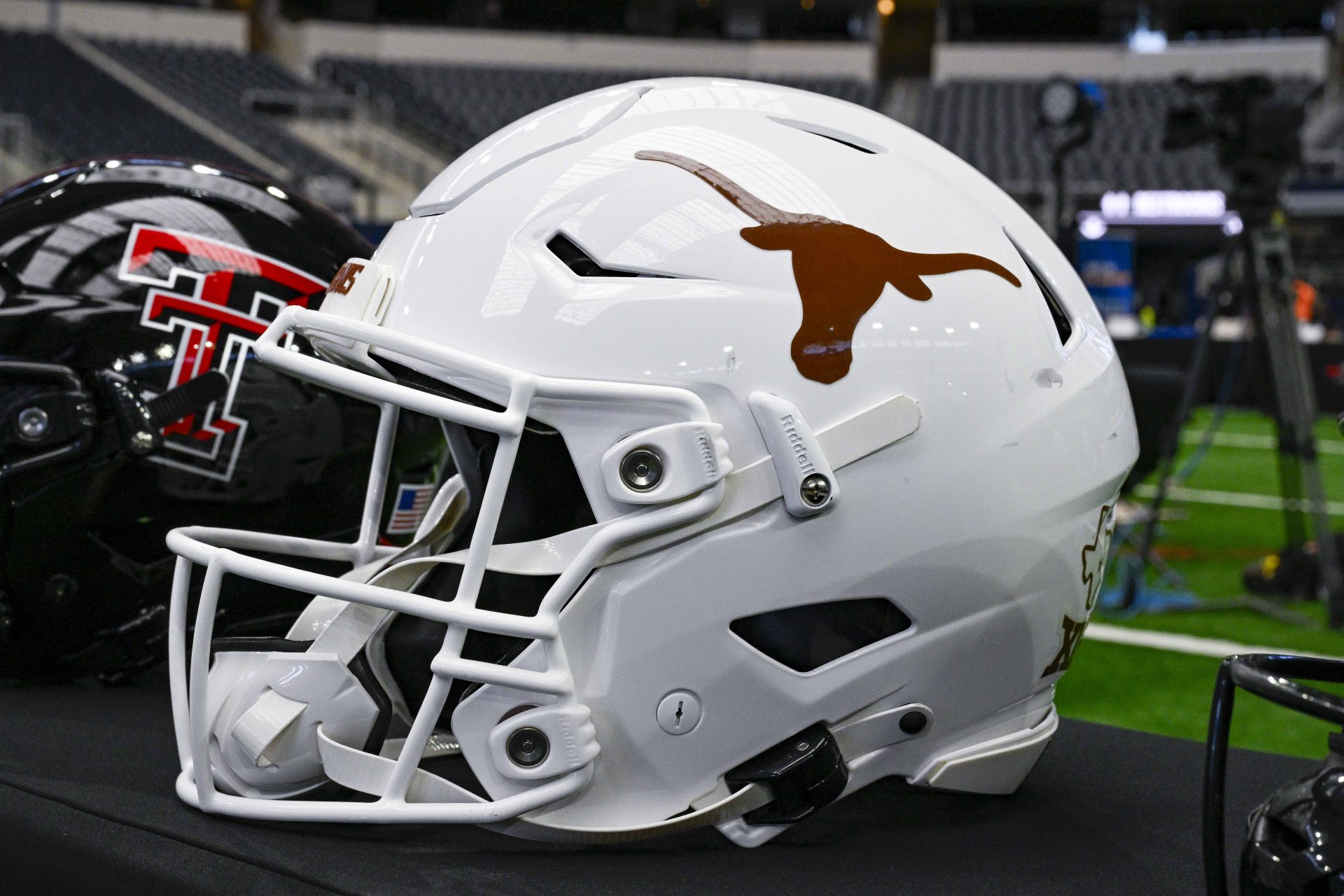 A view of the Texas Longhorns helmet and logo during Big 12 football media day at AT&T Stadium.