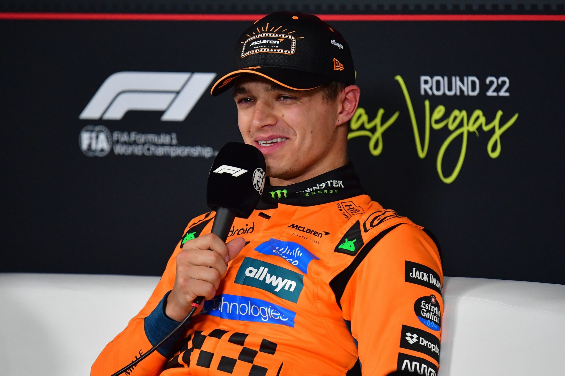 McLaren driver Lando Norris (4) speaks after securing pole position during qualifying for the Las Vegas Grand Prix at Las Vegas Strip Circuit.