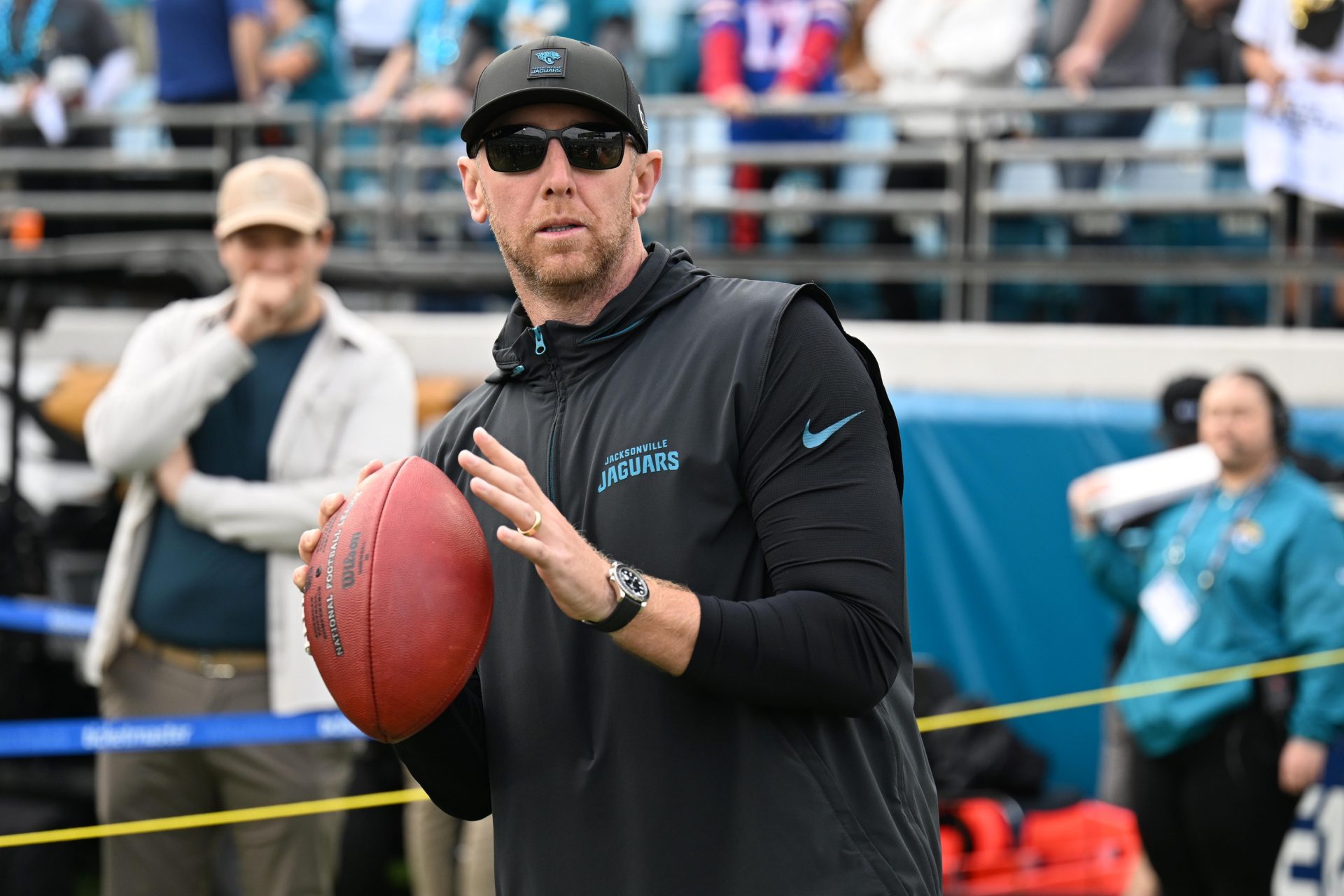 Jacksonville Jaguars head coach Liam Coen before an AFC Wild Card Round game against the Buffalo Bills at EverBank Stadium.
